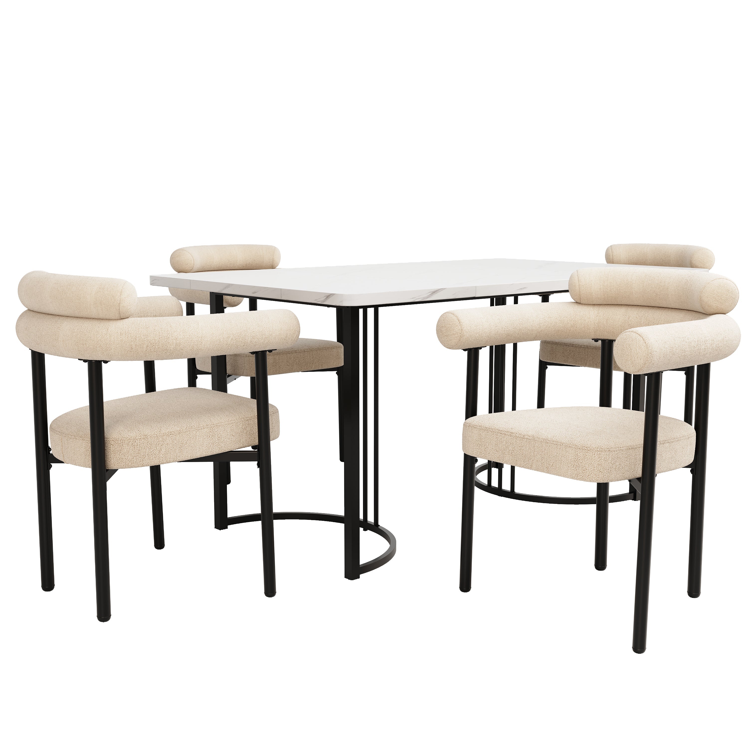 5-Piece Dining Set 4 Hollow Armchairs Designer Metal Legs Cream Suede
