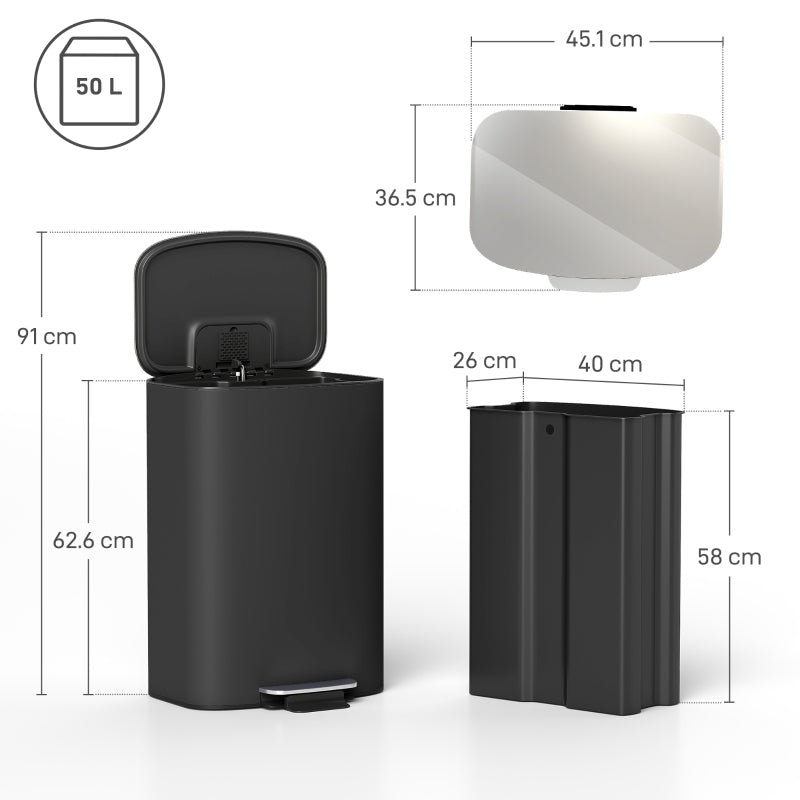 50L Kitchen Bin, Soft-Close Lid, Removable Inner Bucket, Stainless Steel, Black