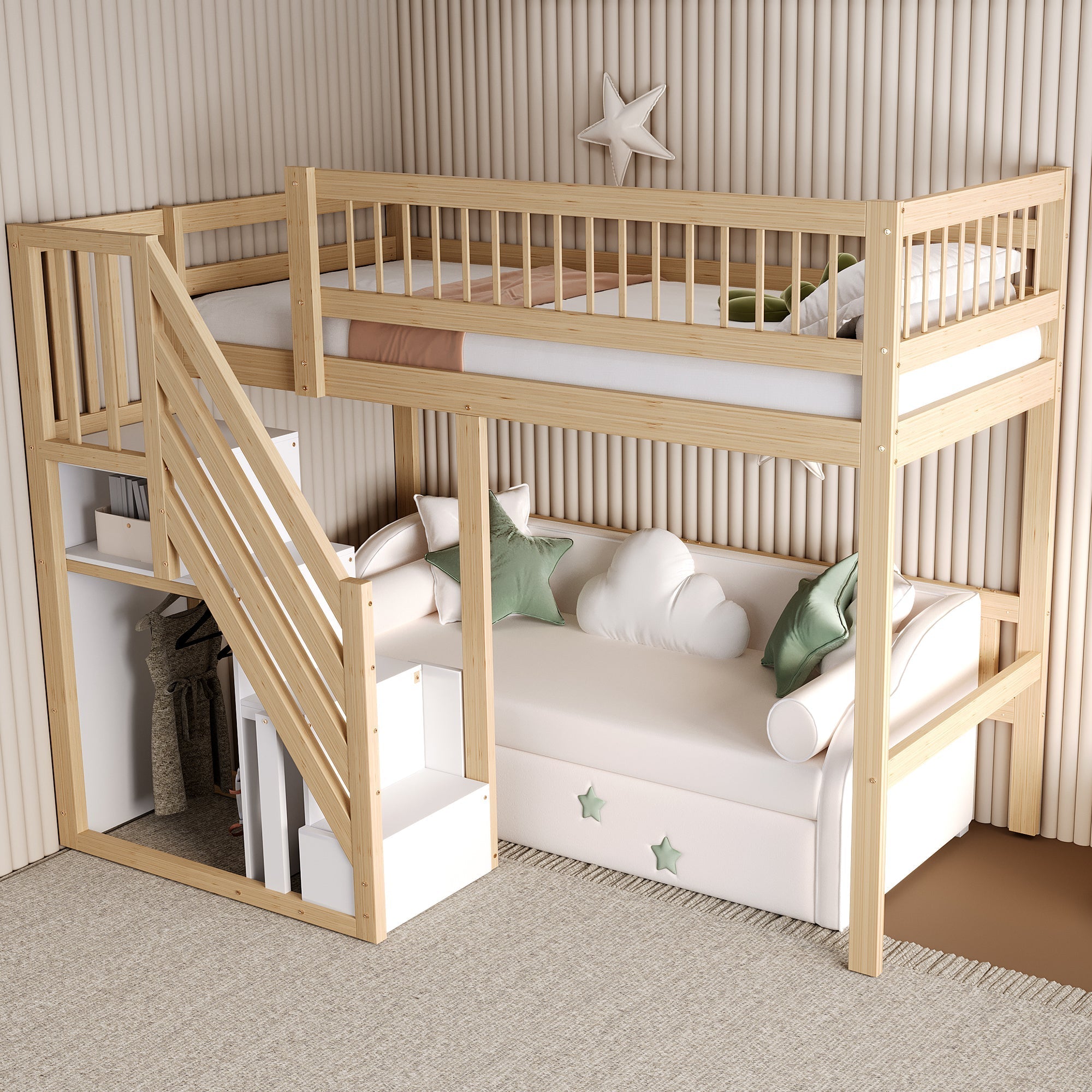 Solid Wood Bed, 90x200, Storage Stairs, High Version, Wood Color