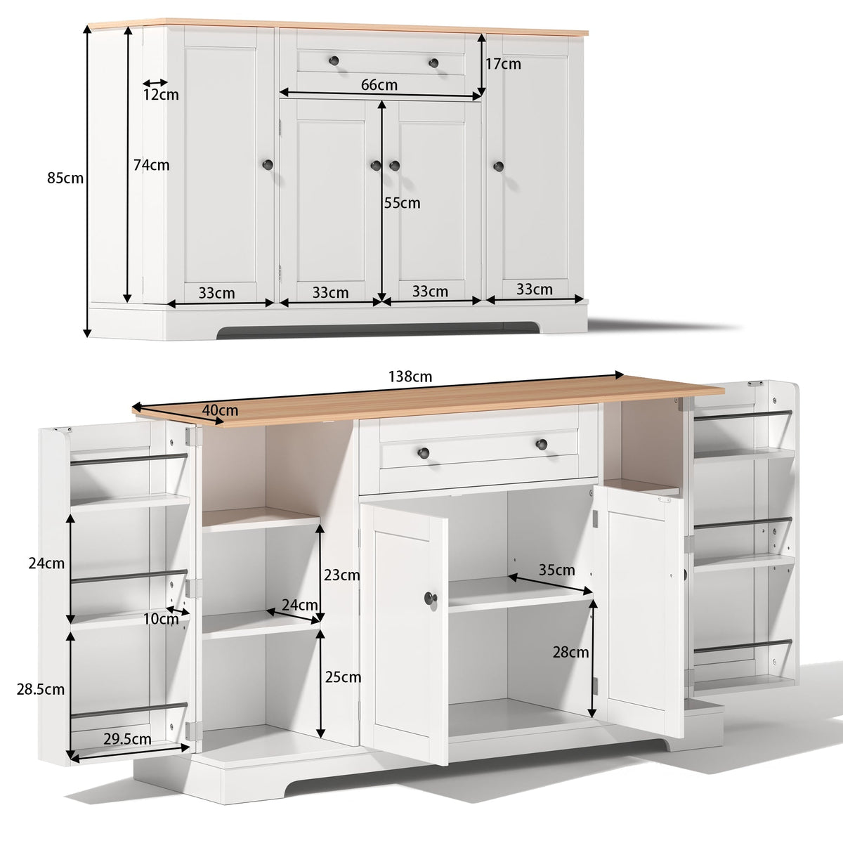 Multifunctional Kitchen Buffet 138cm Drawer Adjustable Shelves