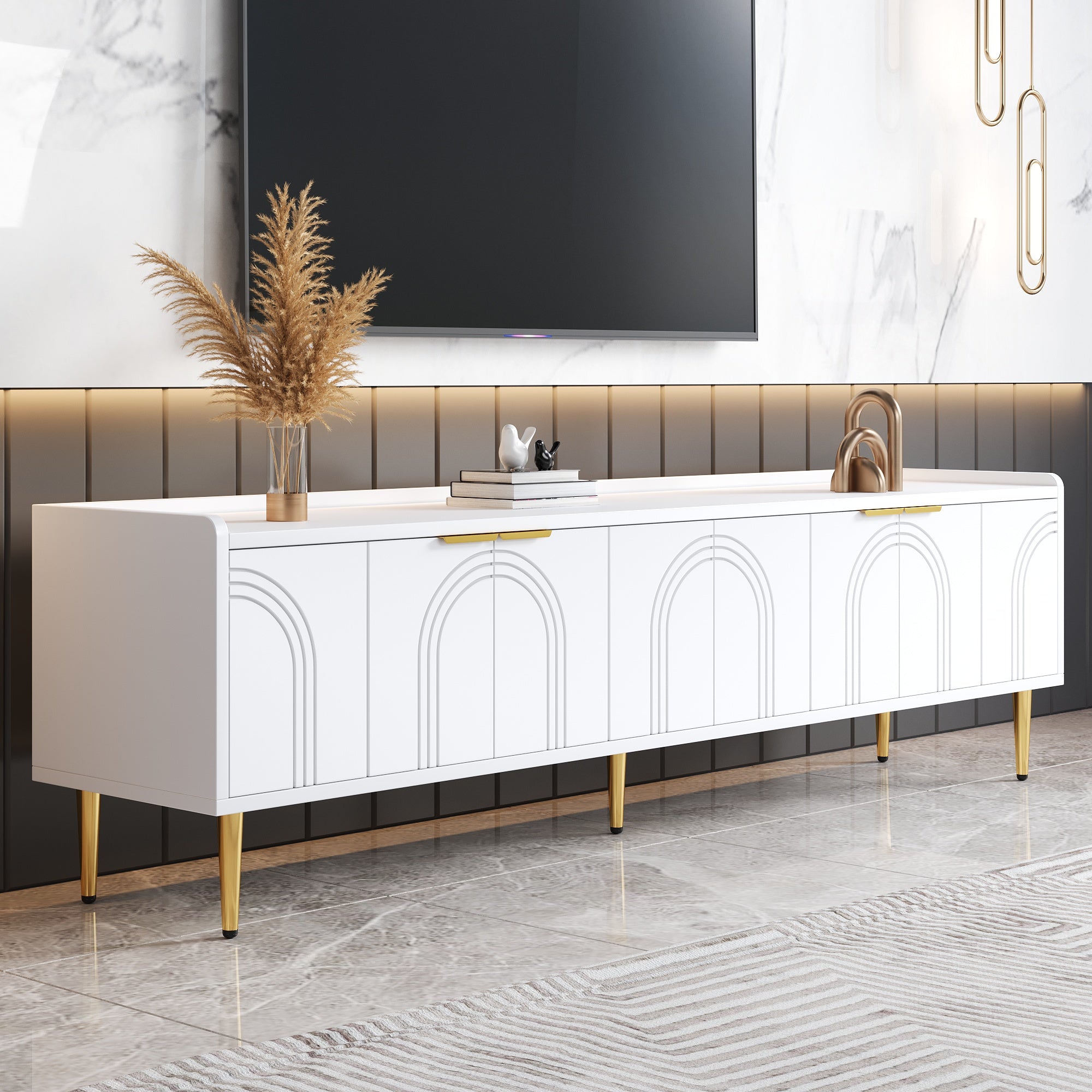 TV Cabinet Lowboard 170cm Textured Door Gold Handles/Feet