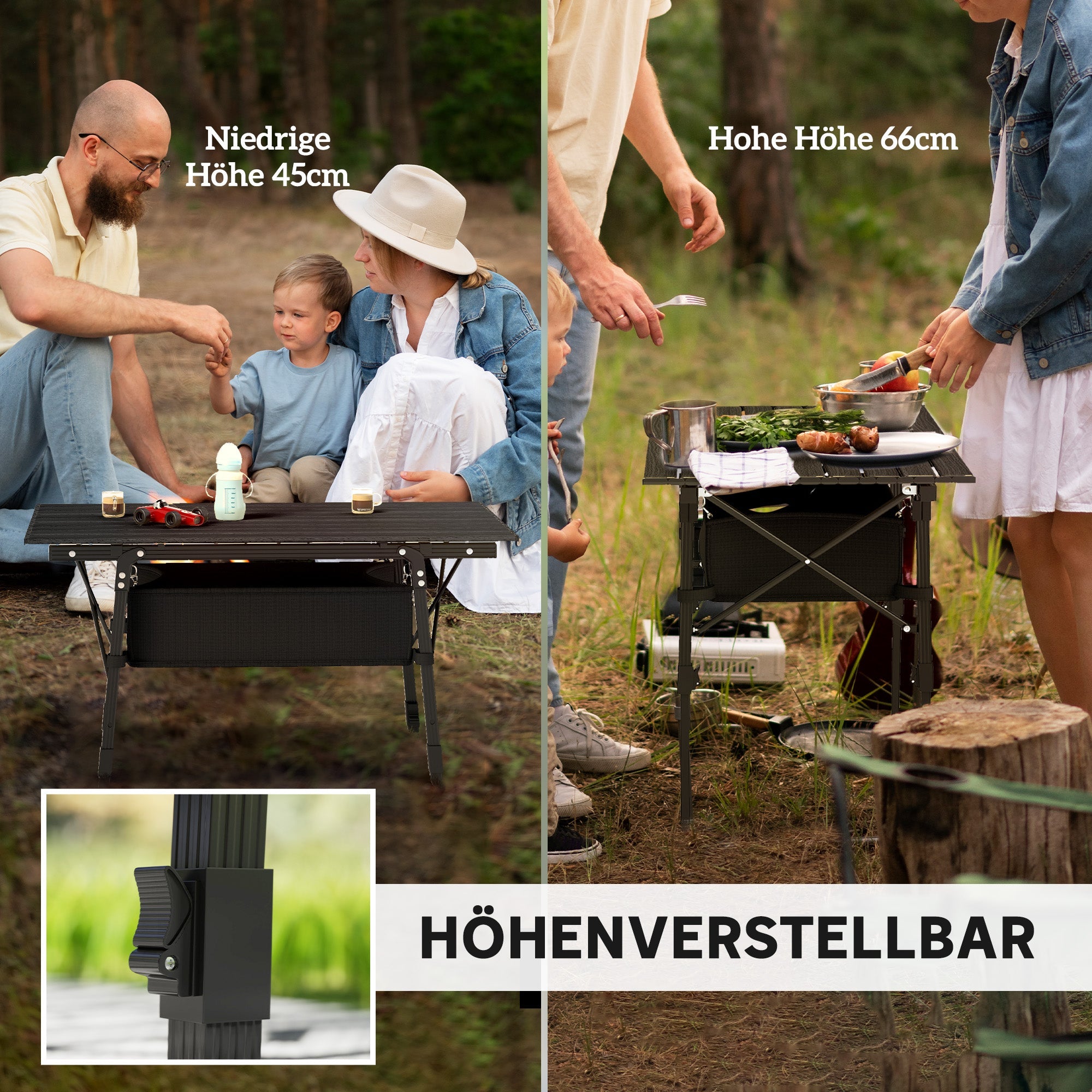 Camping Table, Foldable Adjustable Storage Basket Aluminum Black