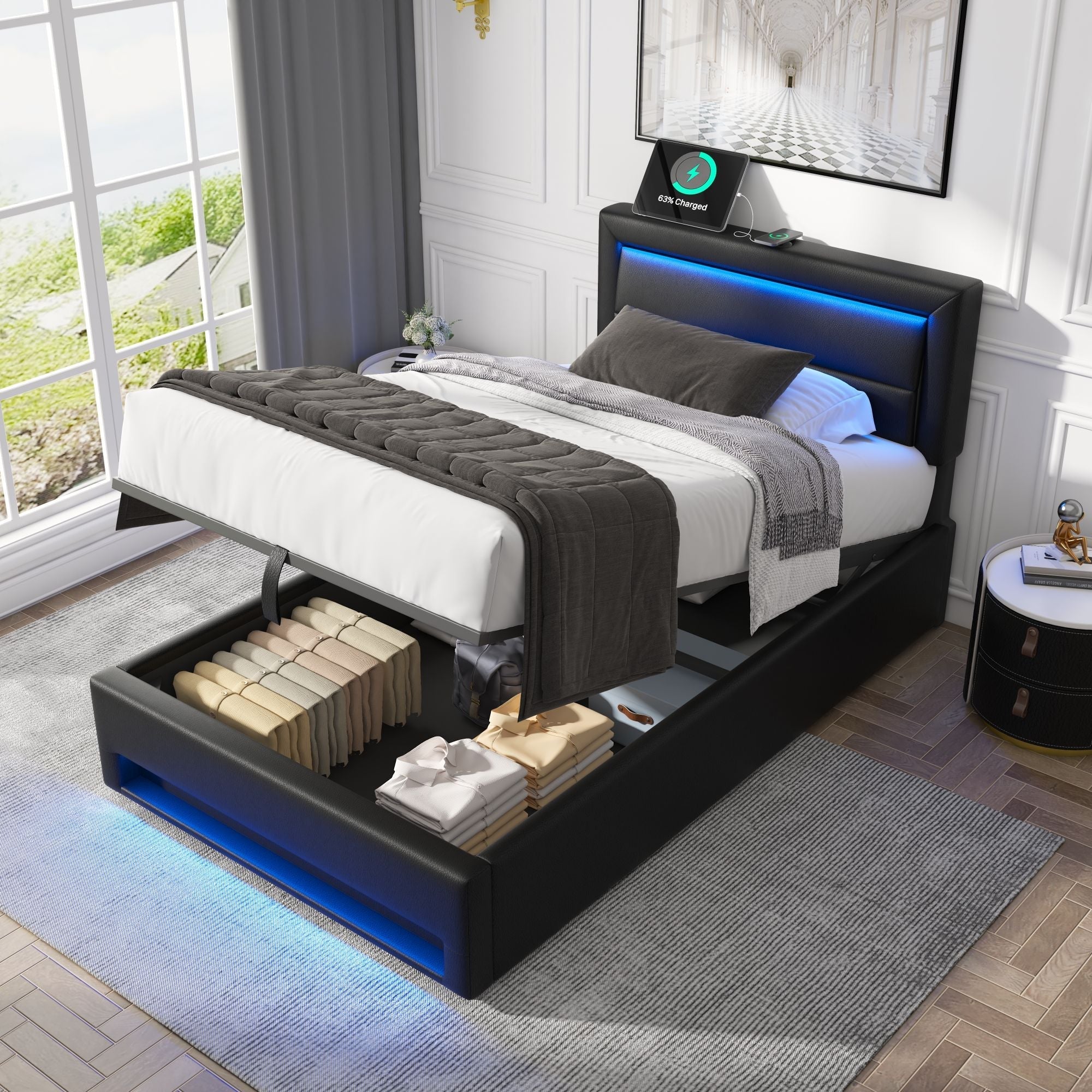 Upholstered Bed 90 x 190 cm with USB Charging, LED Lighting and Storage, Black PU Leather