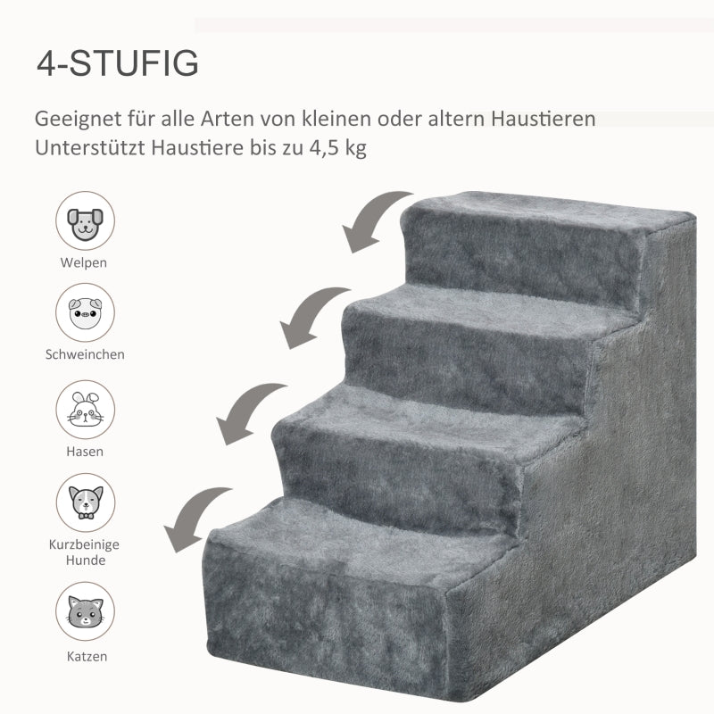 Hundetreppe 4-stufig, Haustiertreppe 35cm, Plüsch-Look, Hellgrau