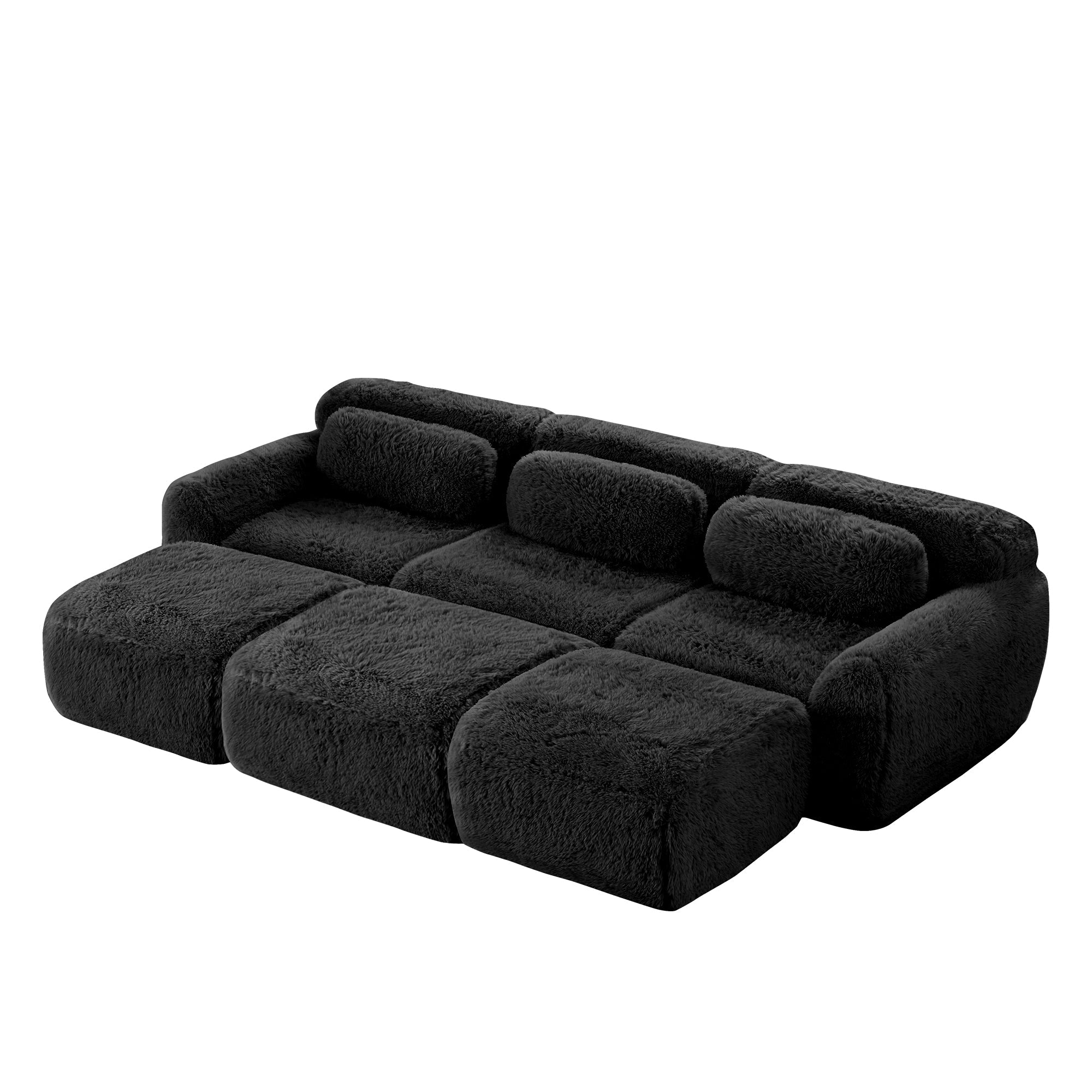 Boneless Cloud Sofas Modular 3-Seater Sleeper Sofa with 3 Ottomans Black Soft Plush Fabric