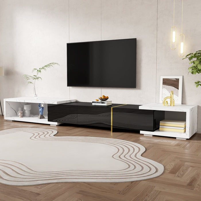 Modern TV Cabinet, Variable Length (140-260 cm) with Rotating Function, White Marble Look & Black High-Gloss Finish