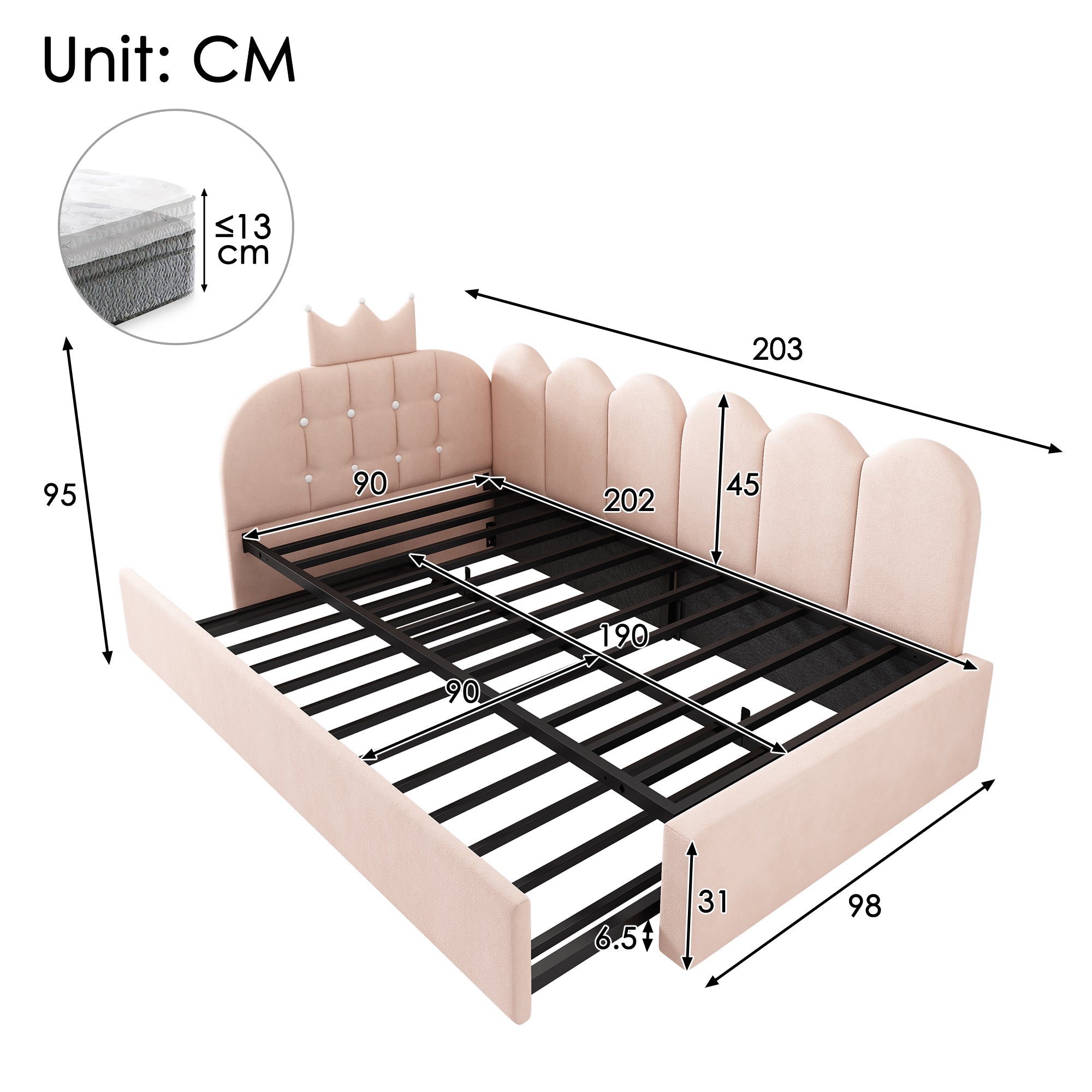 Sofa Bed with Pull-out Bed, 90x200cm Single Guest Bed with Crown Lattice Design, Pink Velvet