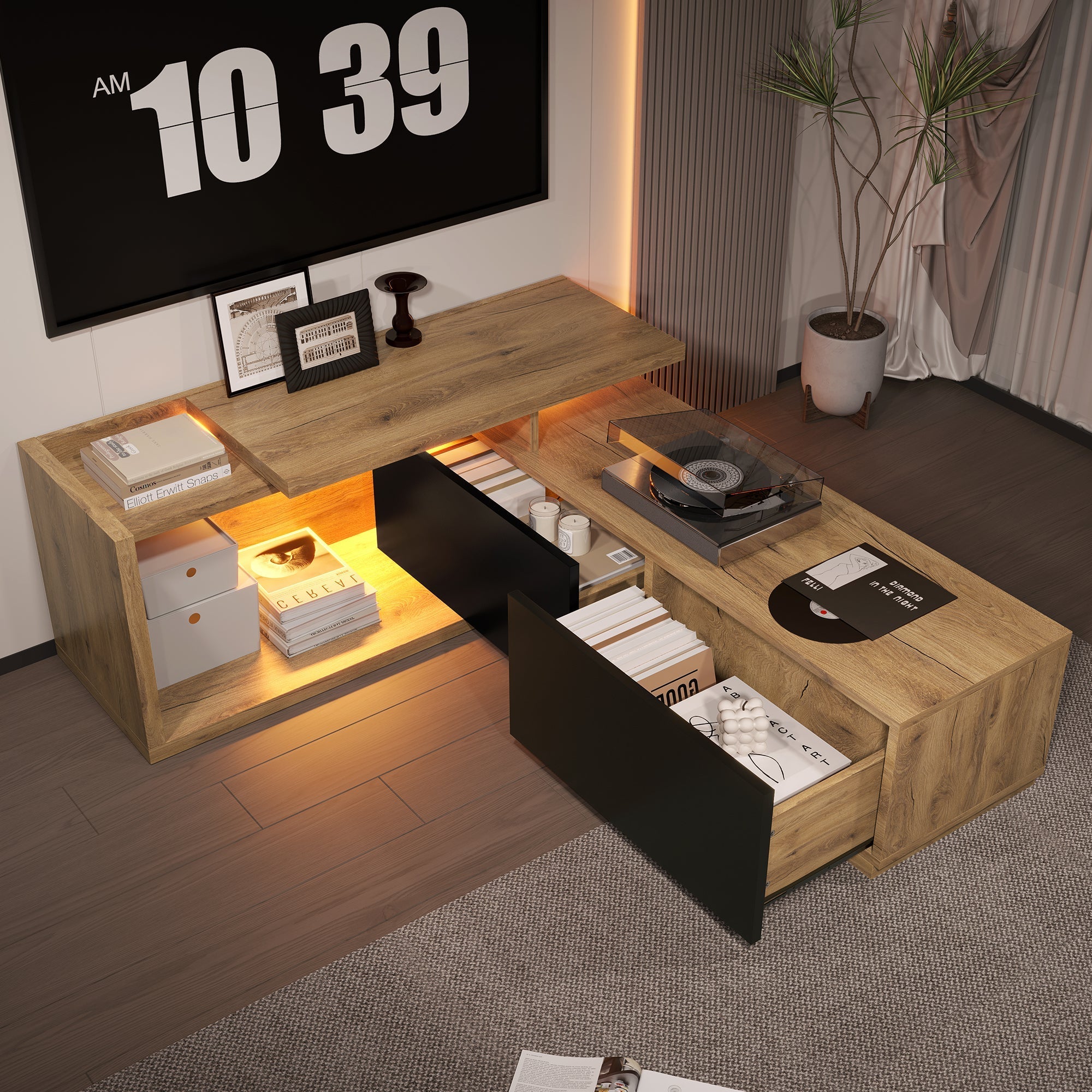 Modular TV Cabinet, Movable Module & LED Lighting, Extendable 2m