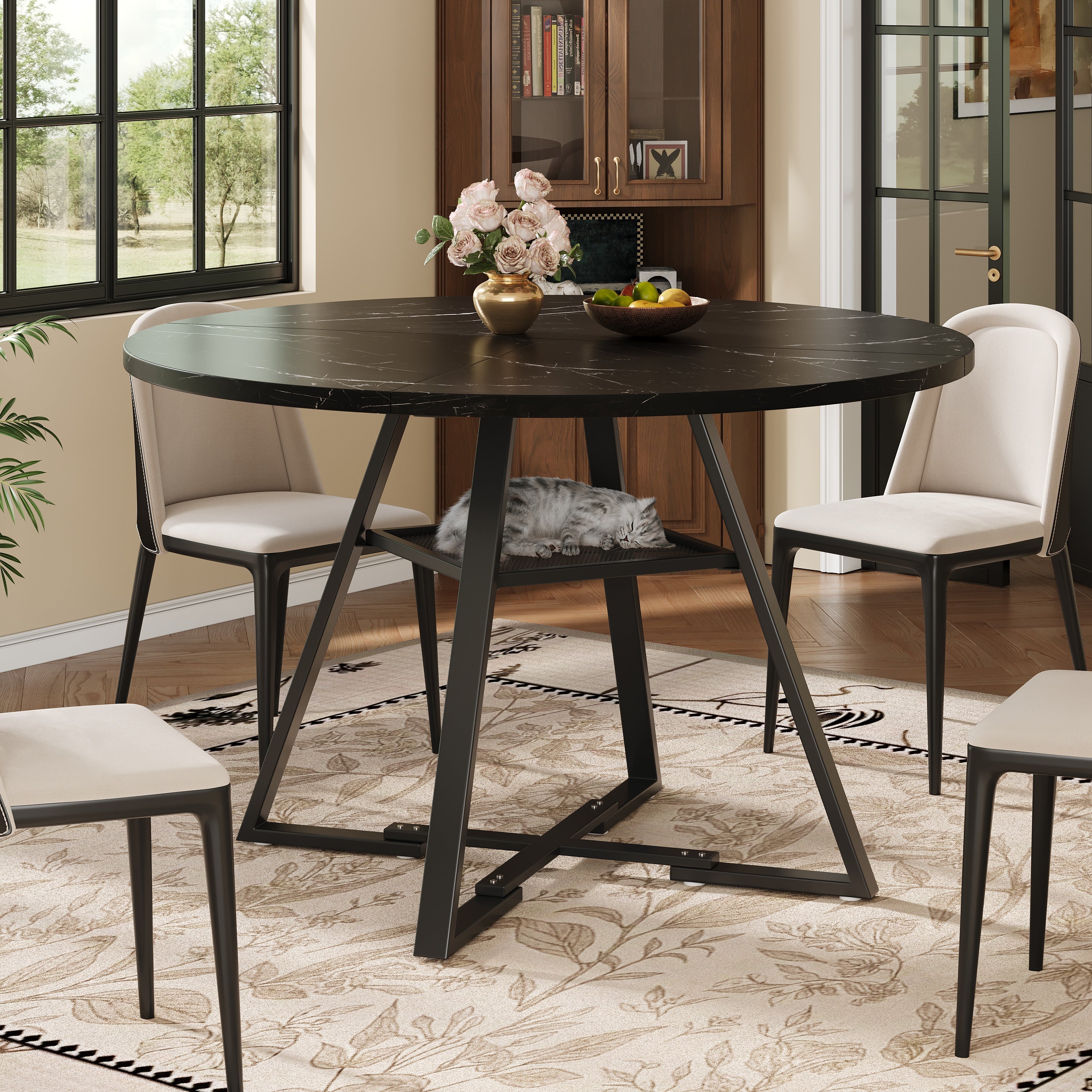 Round Dining Table, Kitchen Breakfast Table Metal Legs, Marble Look Black/White