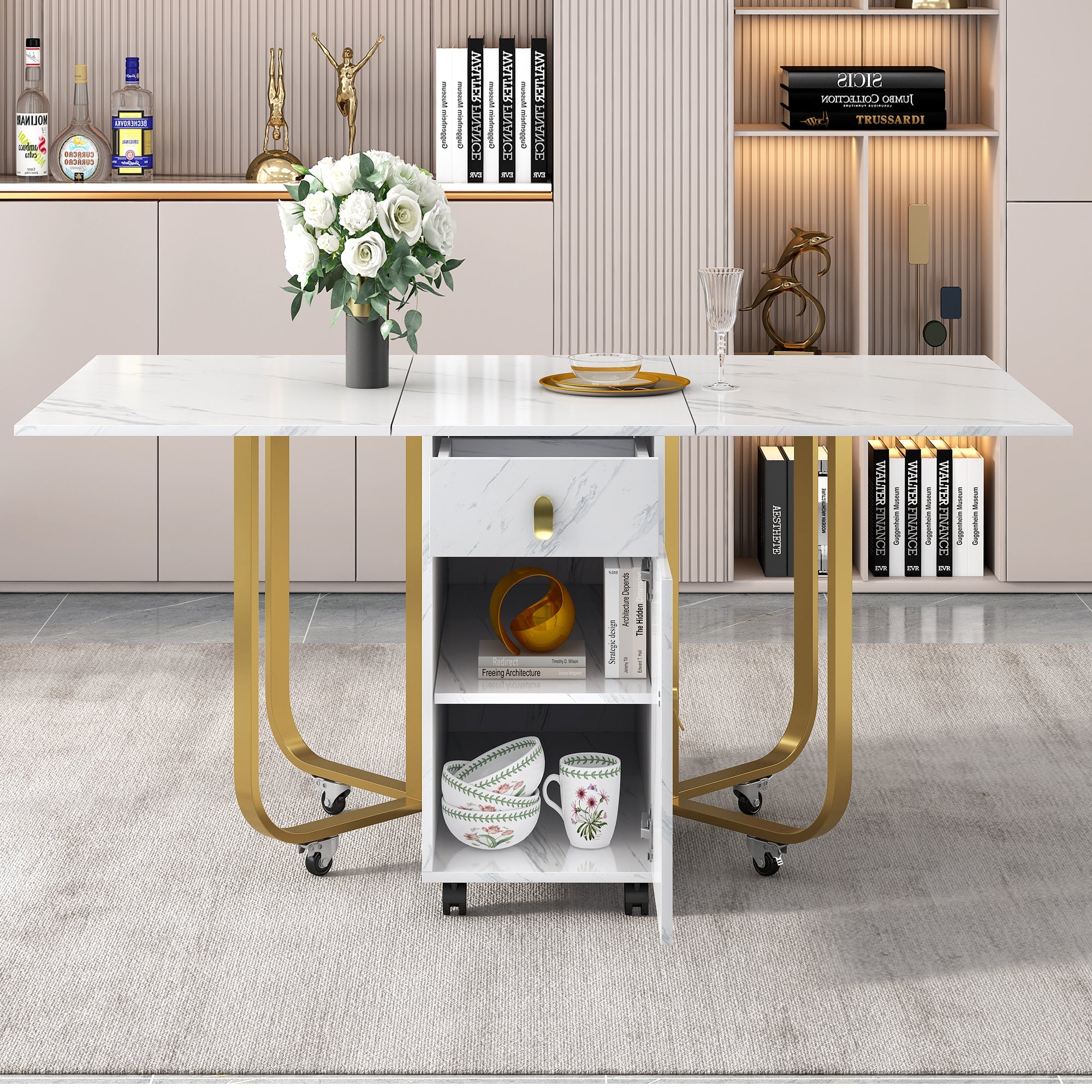 Folding Dining Table, Cabinet & 2 Drawers, Space-Saving, White/Gold