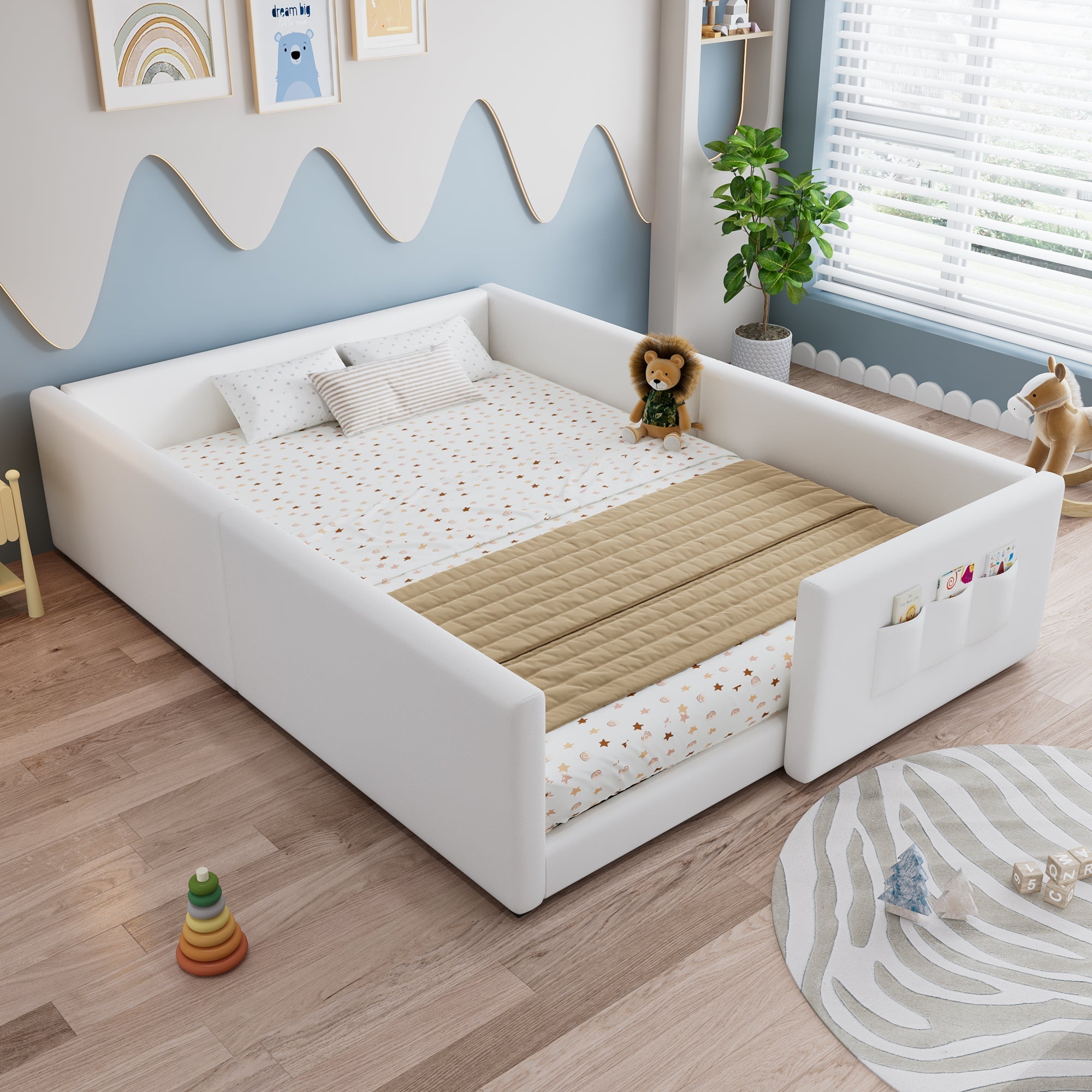 Upholstered Children's Bed with 3 Storage Pockets and Framed Design, 140x200cm, White PU Plywood