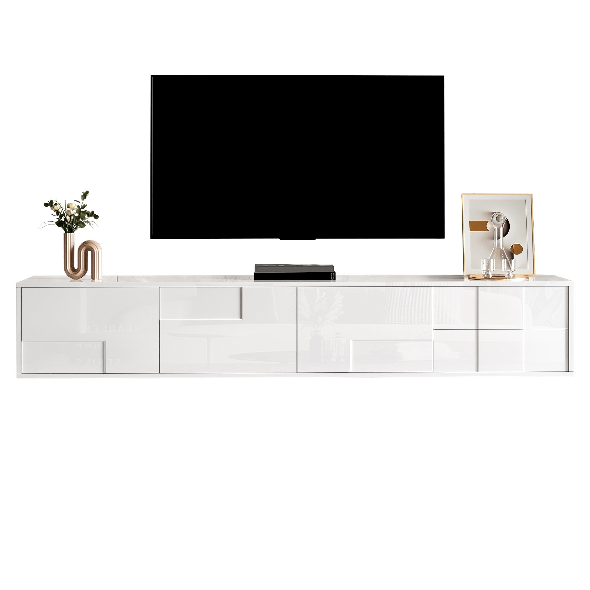 Modern TV Stand 170cm, Floating/Freestanding, 3 Doors 2 Drawers, High-Gloss White