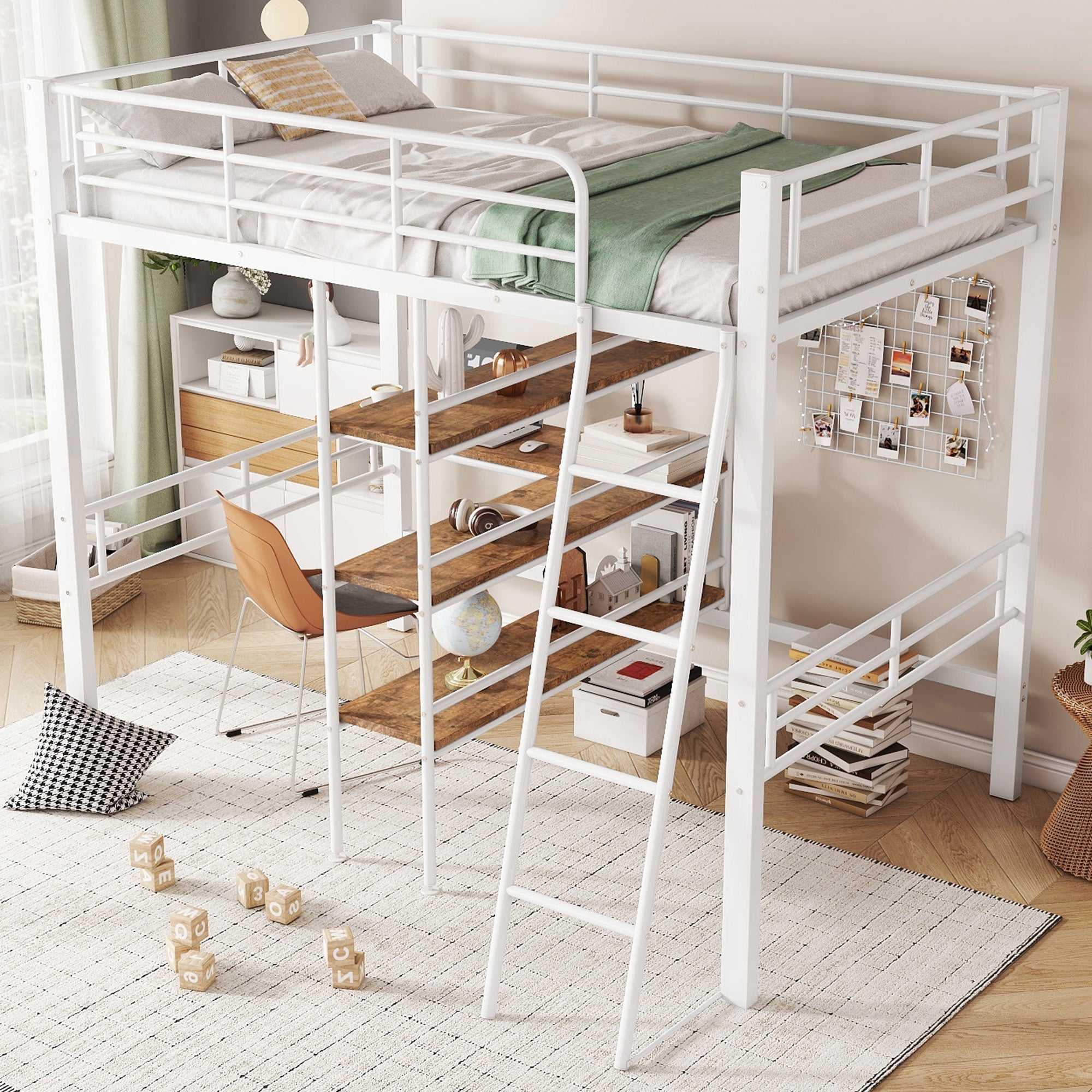 Loft Bed 90x200cm with Desk Shelves Railing Ladder Iron Frame White