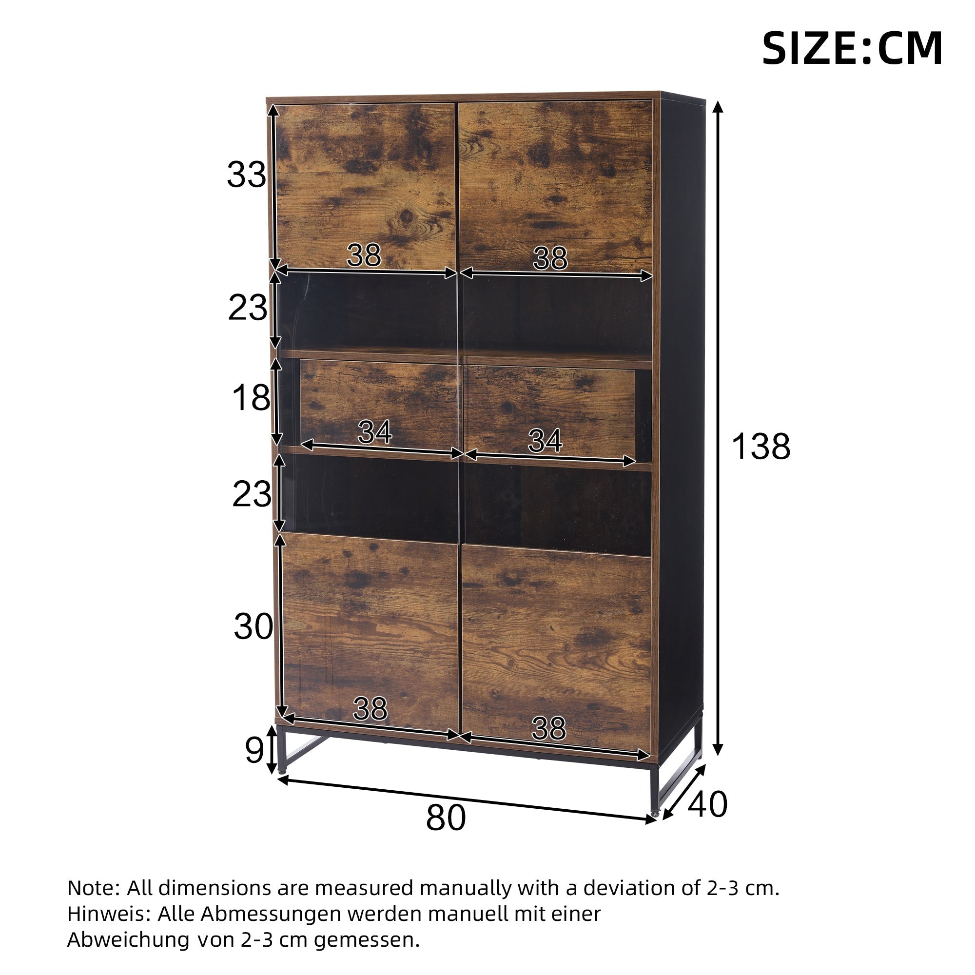 Display Cabinet LED Lighting Storage 2 Drawers Highboard, Black + Wood Grain