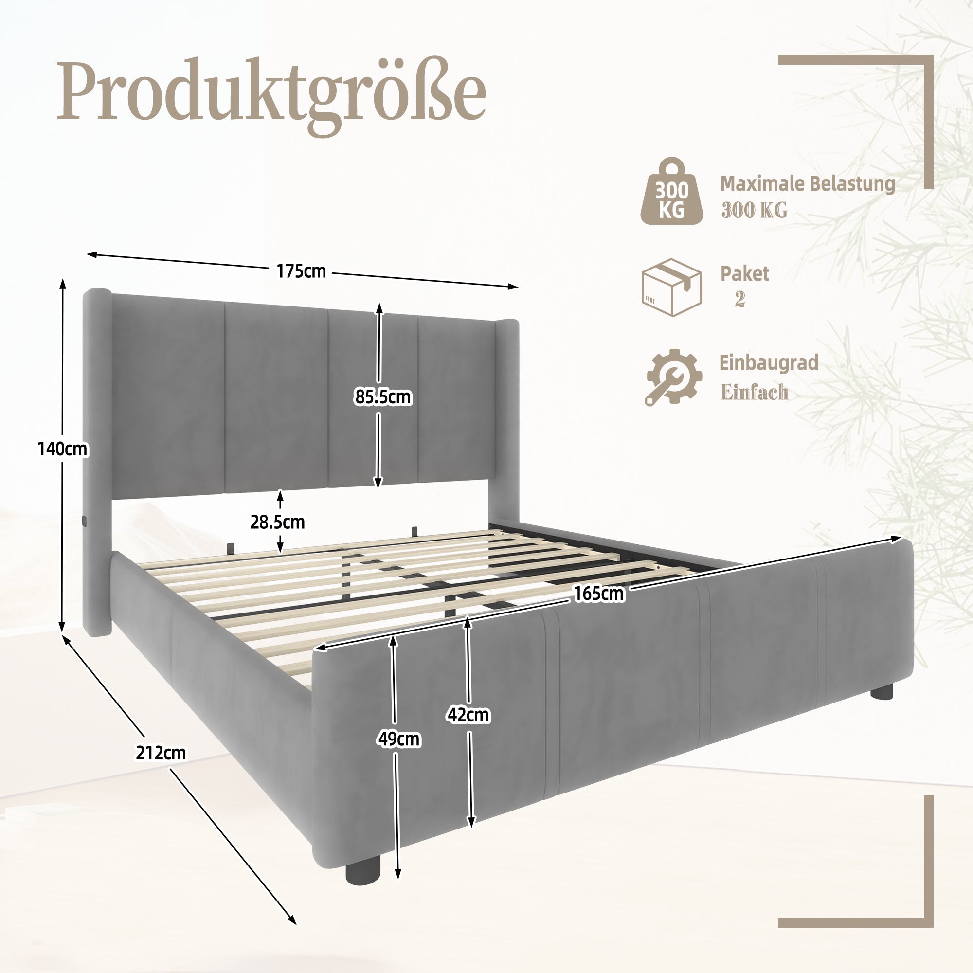 Upholstered Bed Frame, 160x200cm Modern with USB Port, Iron & Wood, Grey
