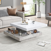 Double Coffee Table, High-Gloss 360° Swivel Top with Storage, White Marble