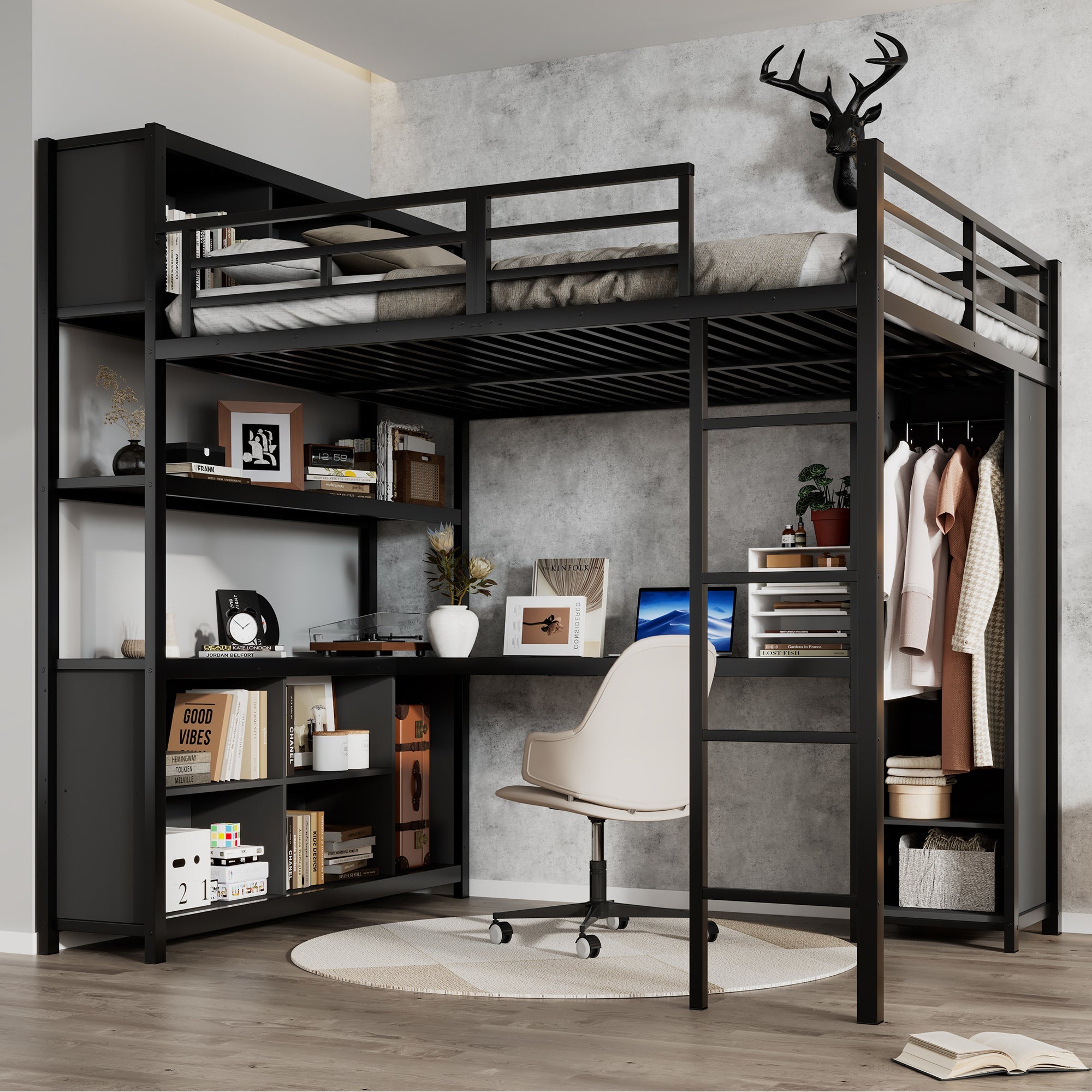Iron Loft Bed, Double Storage, Desk & Wardrobe, Black 140x200cm