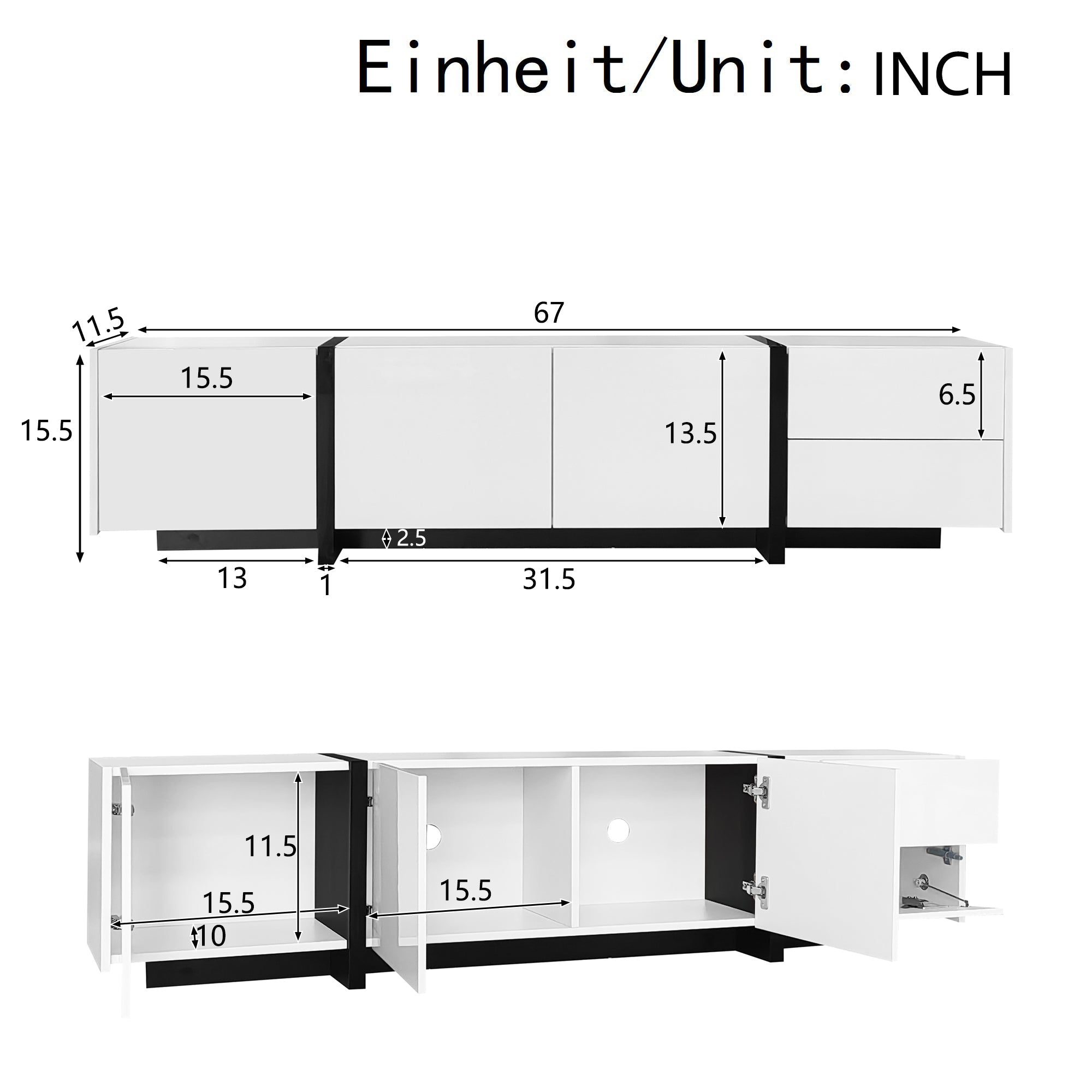 TV Cabinet, Lowboard, High-Gloss White with Black Legs