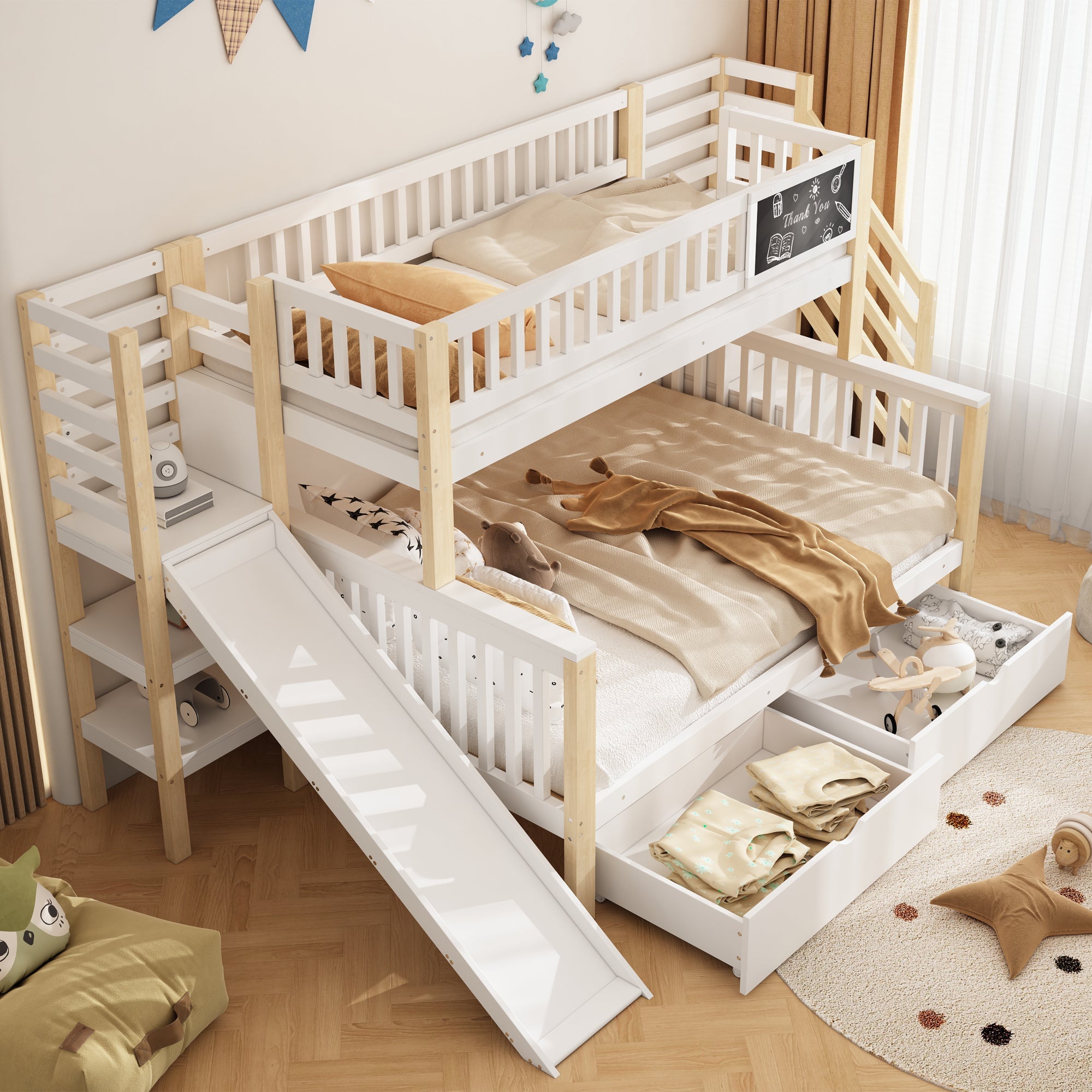House Bunk Bed, Multifunctional Storage Slide Chalkboard 140x200cm & 90x200cm, White