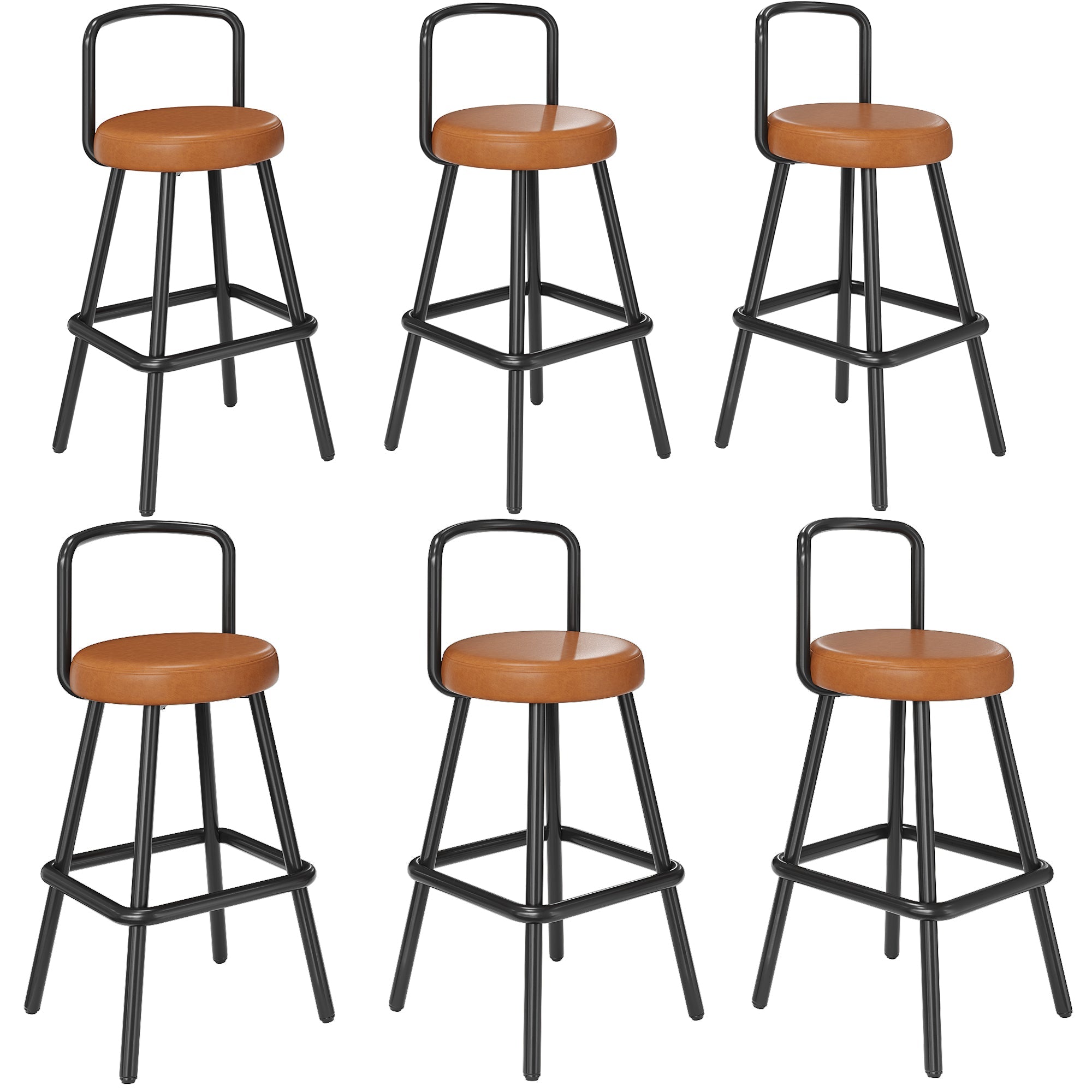 Modern Bar Stool Set of 6 with Ergonomic Backrest and Footrest, Brown PU Leather