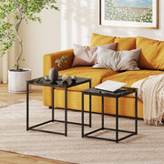 Side Table Set of 2, Coffee Table with Glass Top, Square, Black Steel