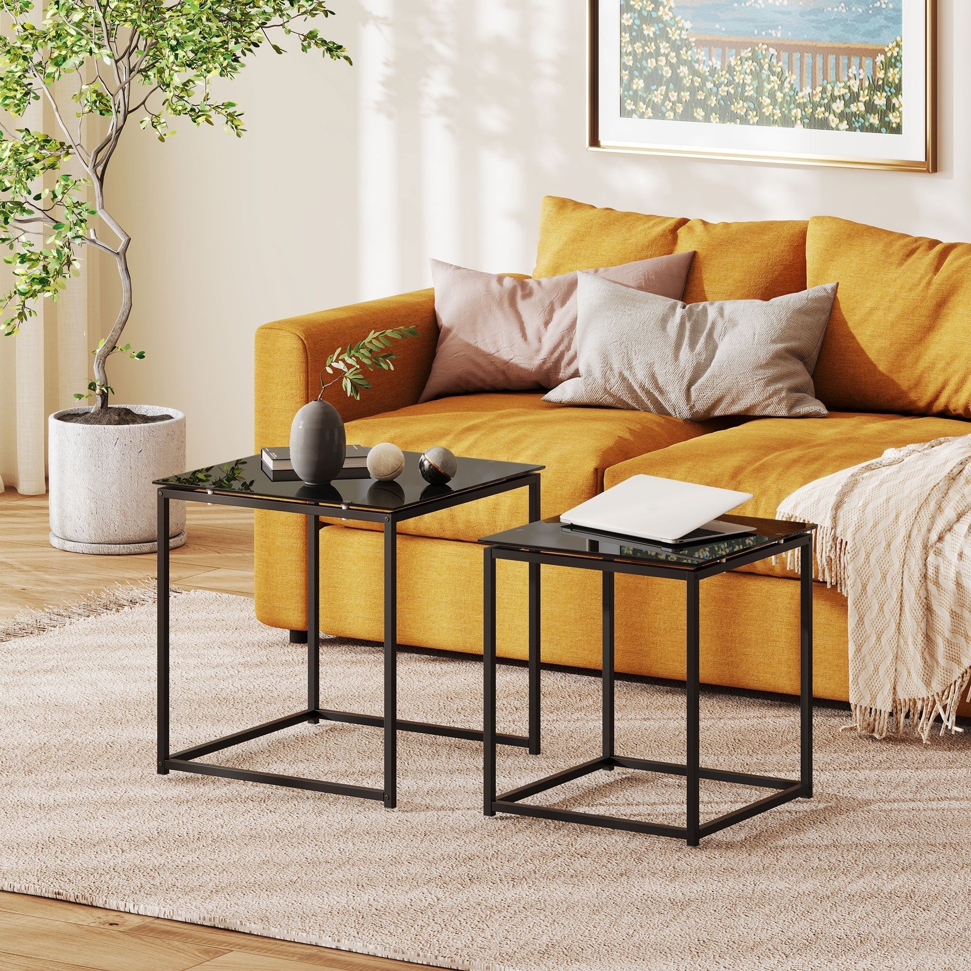 Side Table Set of 2, Coffee Table with Glass Top, Square, Black Steel
