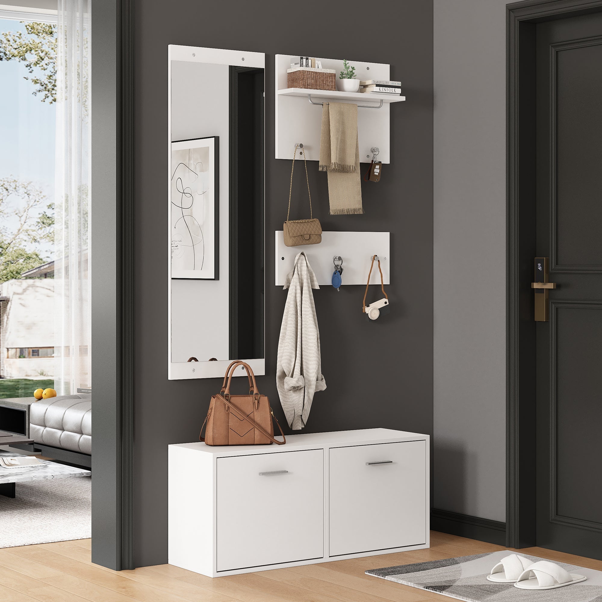 4-Piece Wardrobe Set, 90x30x41.5cm Mirror Hat Shelf Shoe Cabinet 6 Hooks, White