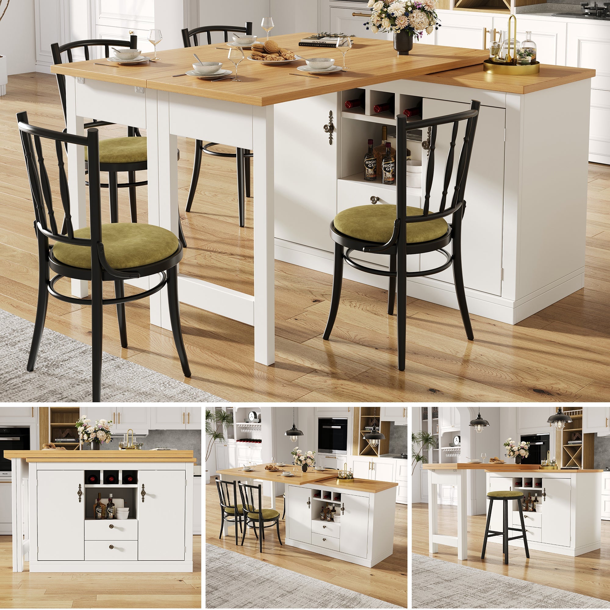 Extendable Bar Table with 360 Swivel and Storage, 120-180cm, White and Black