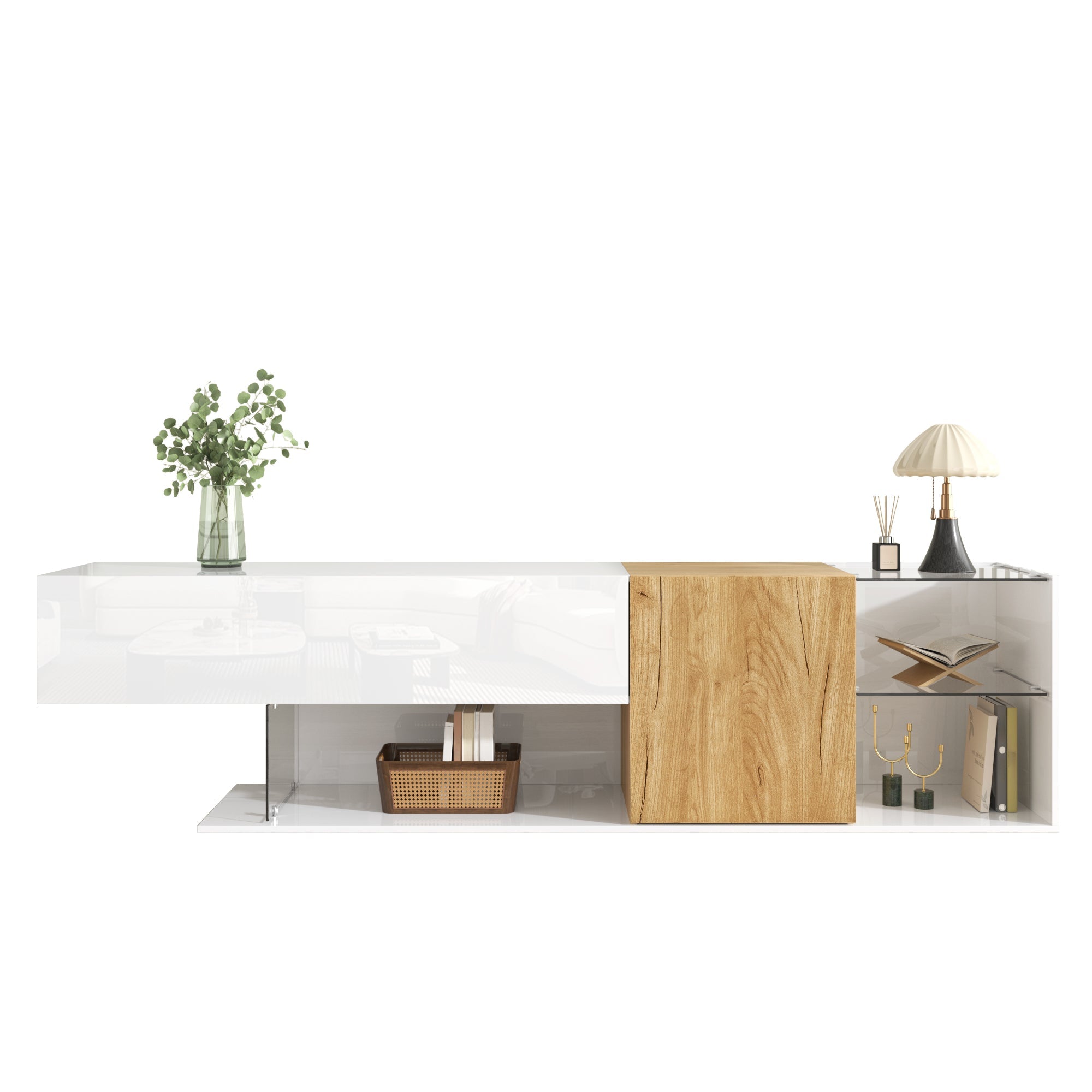 TV Cabinet, Modern High-Gloss with Glass Shelves, White Wood