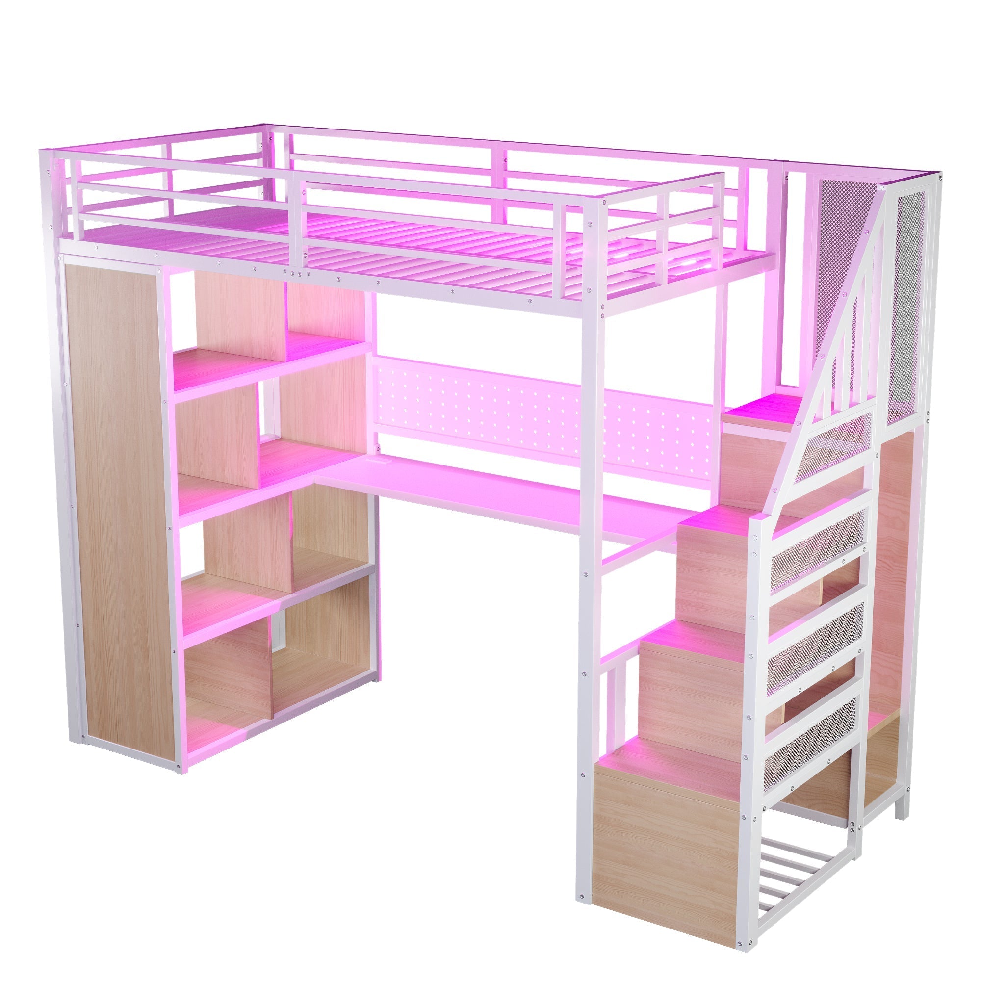 Metal Loft Bed with Desk, Wardrobe and LED Lighting, 90 x 200 cm, White