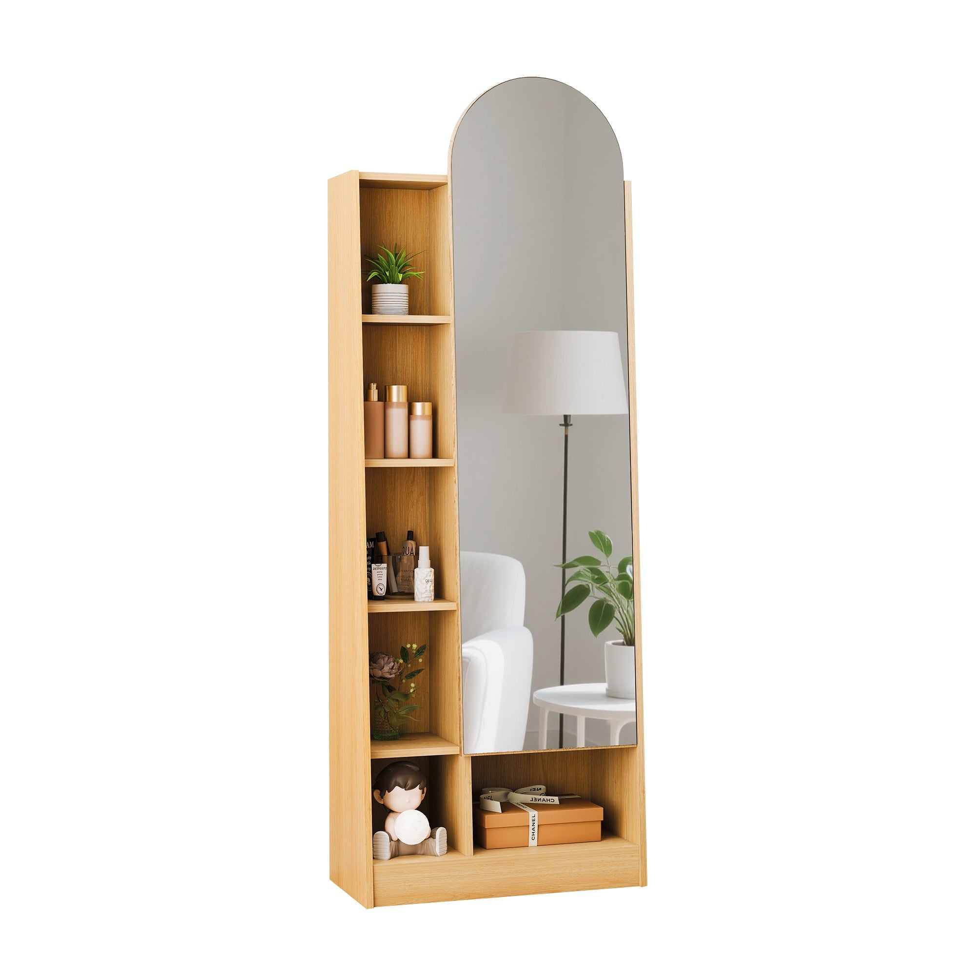 Tall Storage Cabinet Mirrored Door Adjustable Shelves 165x60x28cm - Natural Wood Look