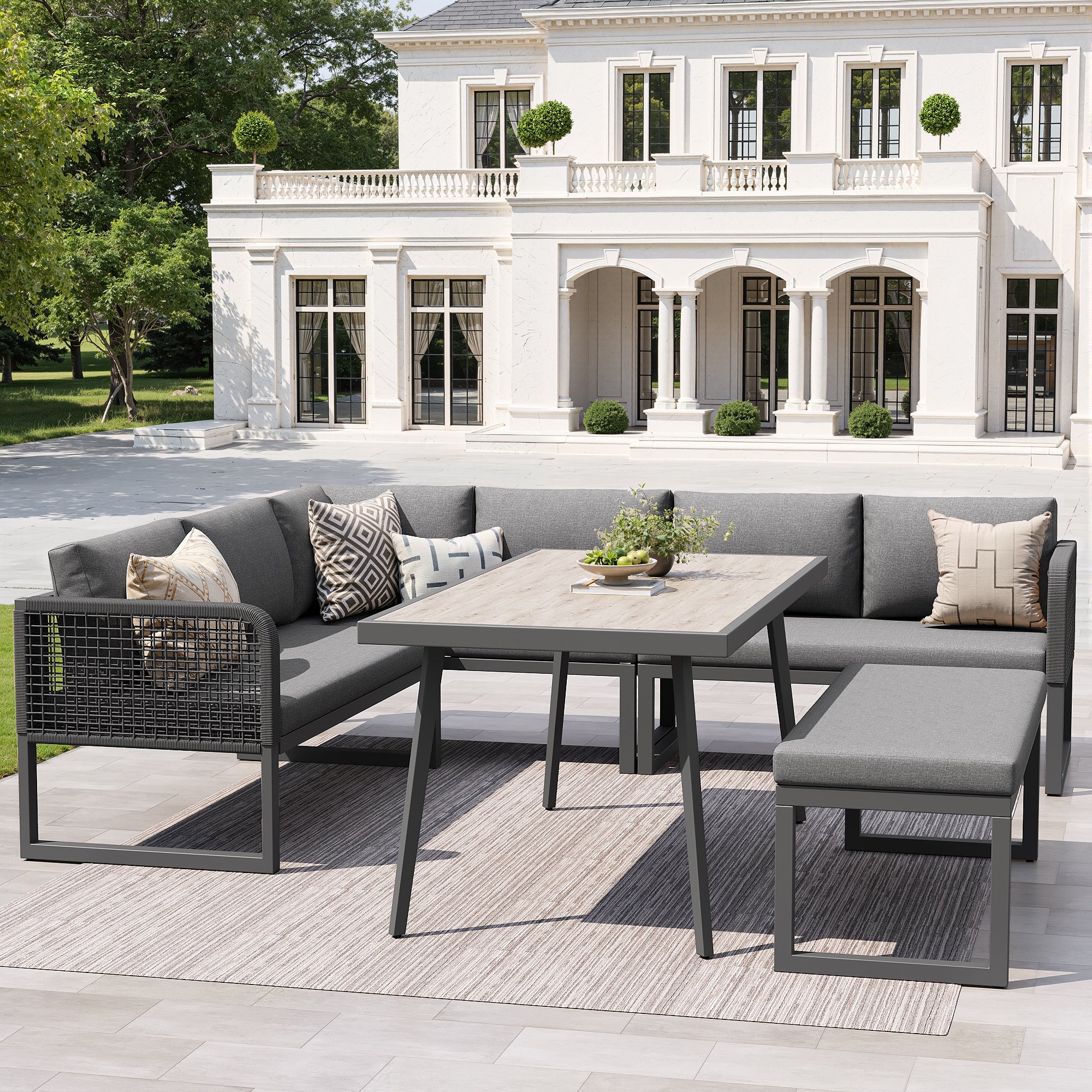 Patio Sofa Set 6-8 Seater Hand-Woven Rattan with Cushions - Grey