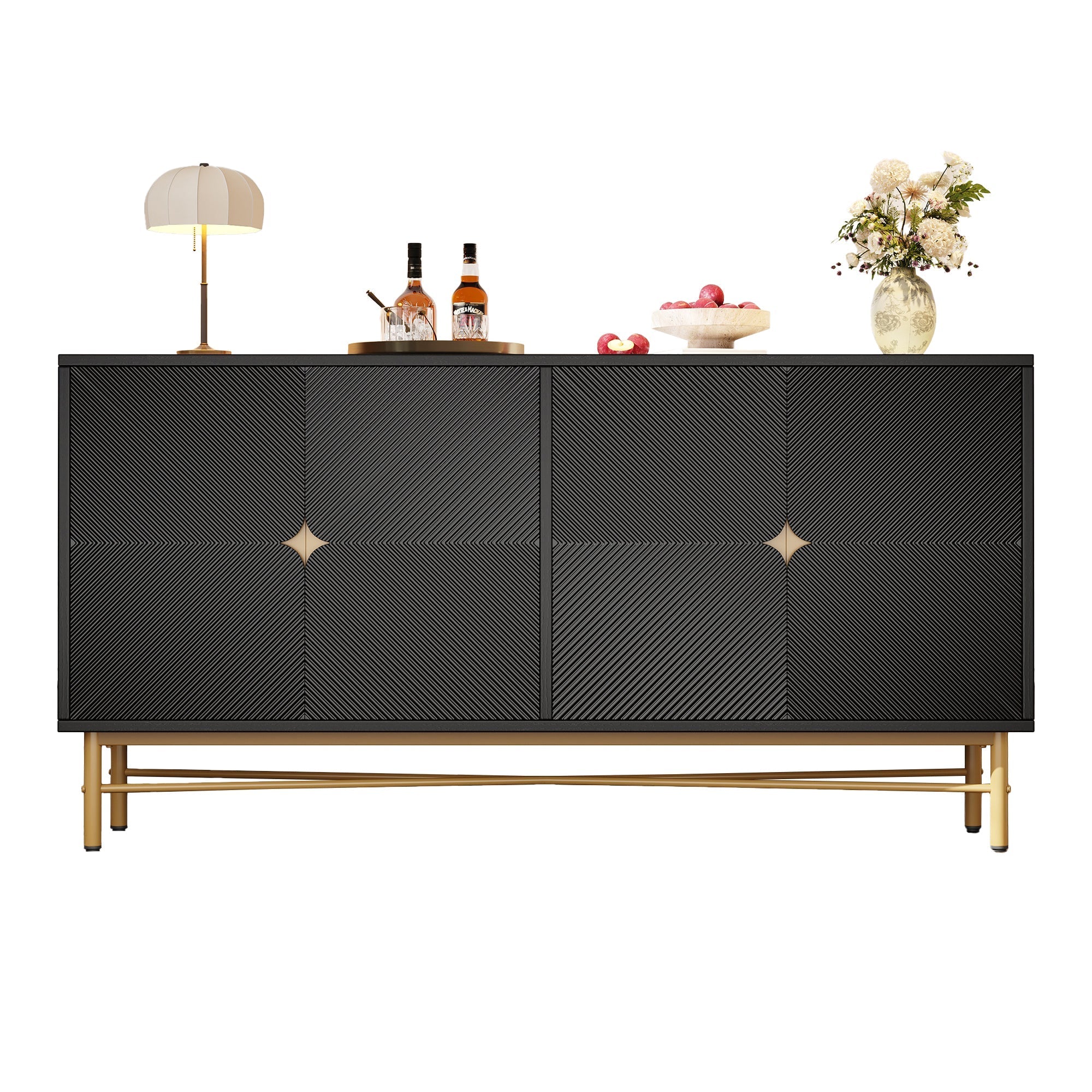 Sideboard Raised Texture 160cm, Cabinet Four Doors, Golden Brushed Handles and High-Gloss Table Legs, Black