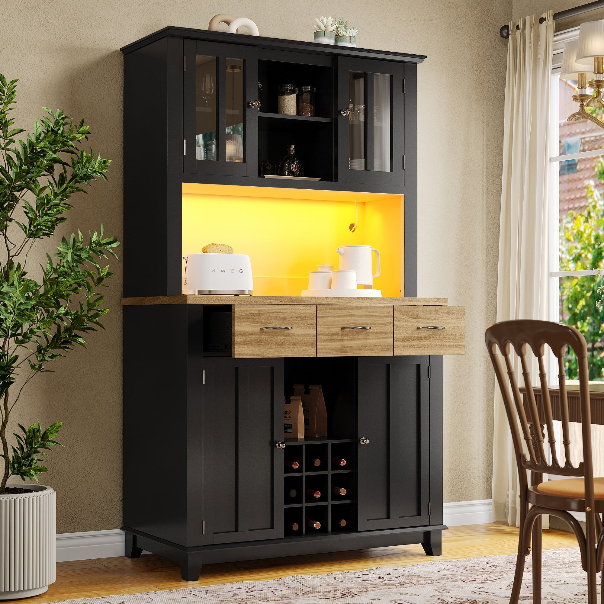 Kitchen Tall Cabinet 106cm Adjustable Shelves LED - Wood Drawers