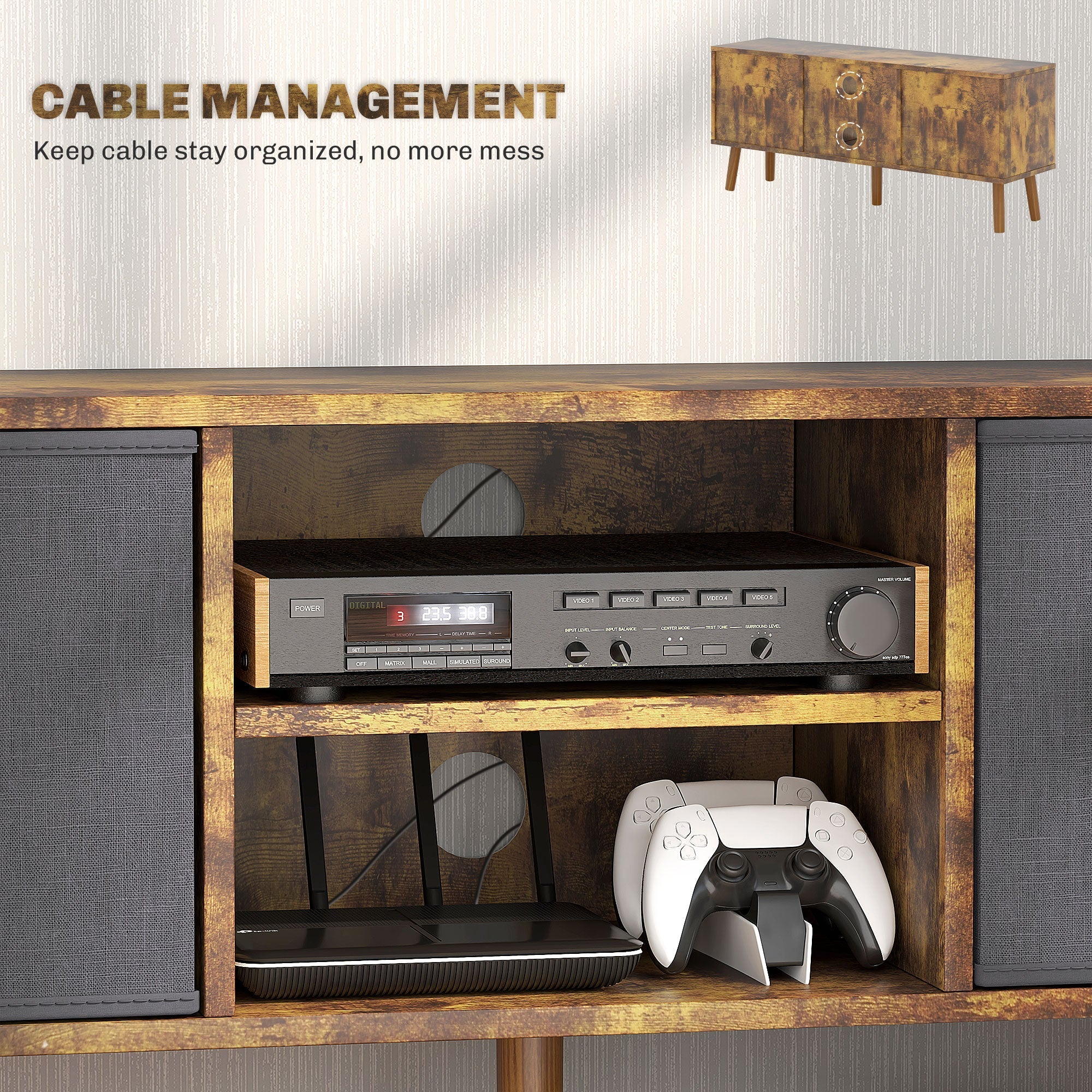 TV Cabinet Stand Unit for TVs up to 50'' with Foldable Drawers, Rustic Brown