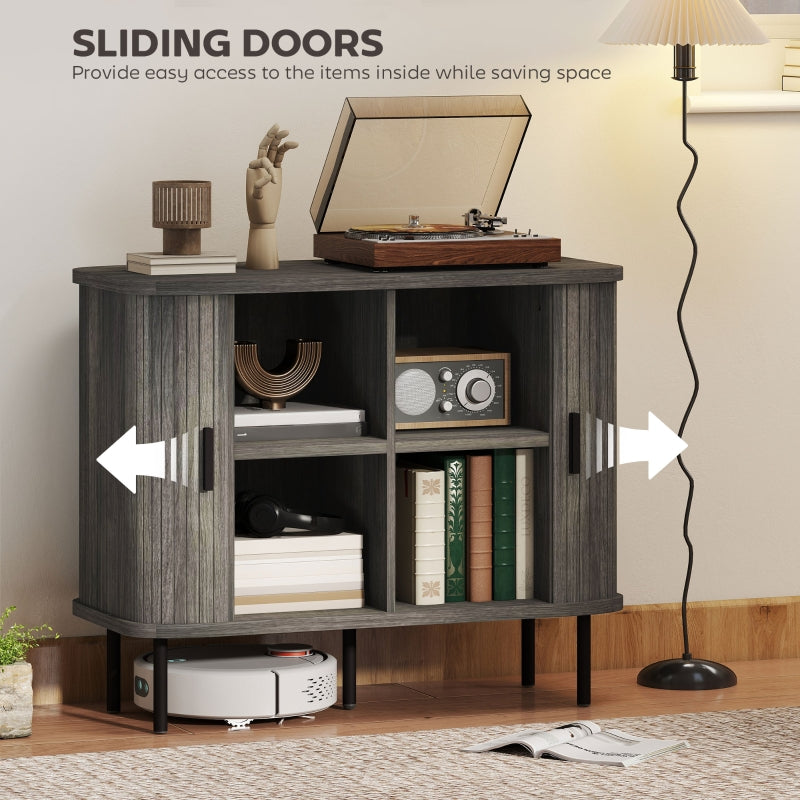 Mid-Century Modern Sideboard Storage Cabinet Slatted Tambour Sliding Doors Steel Legs Grey