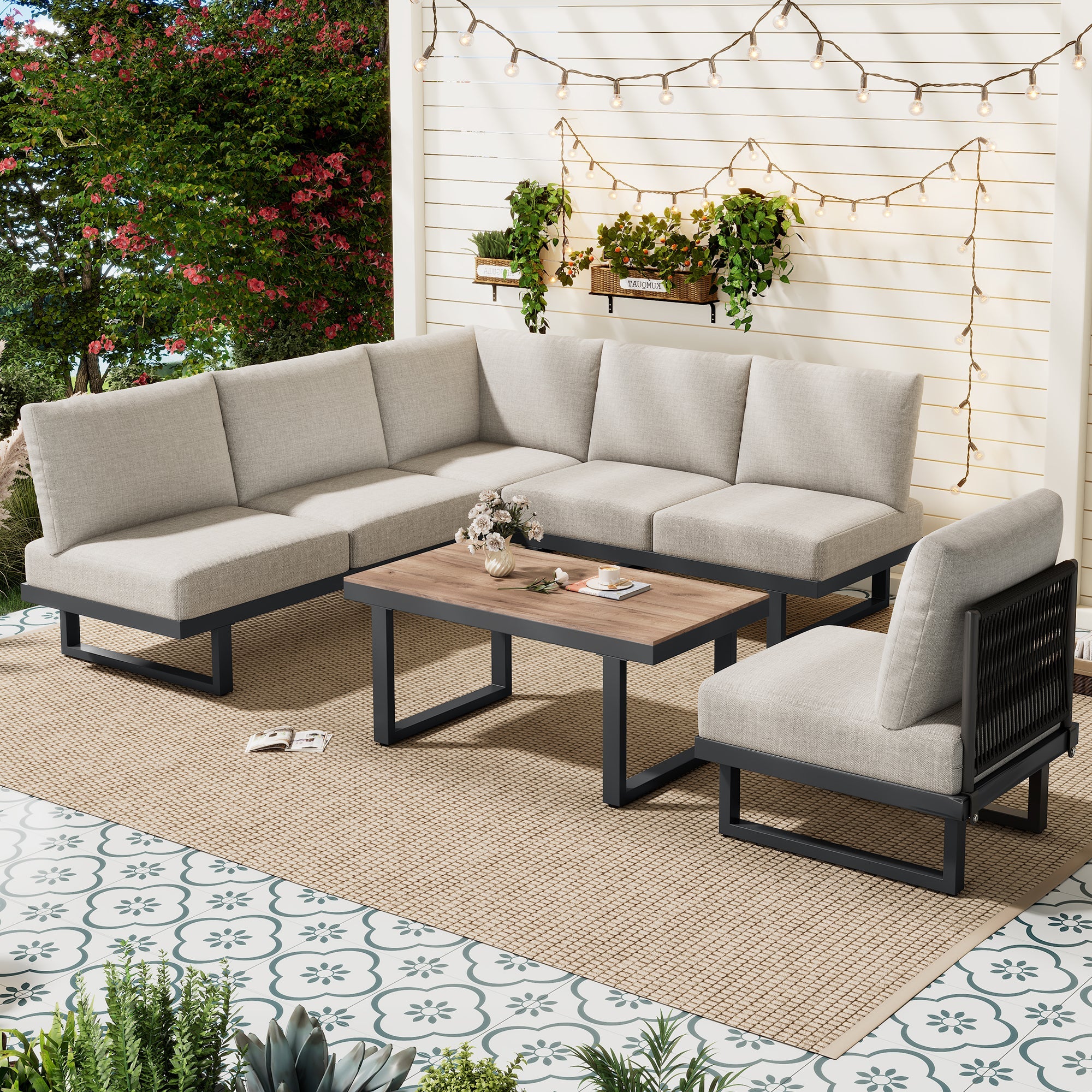 Garden Furniture Set with Convertible Daybed and Coffee Table, Galvanized Steel, Grey