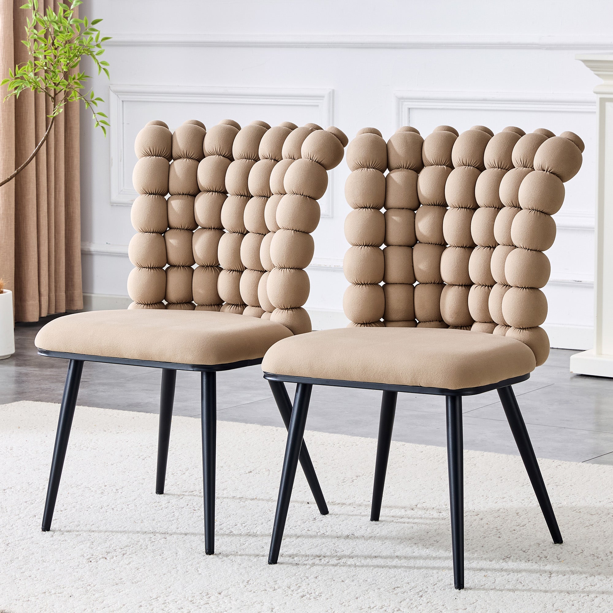 Dining Chairs (Set of 2) Velvet Beaded Chain Black Metal Legs - Camel