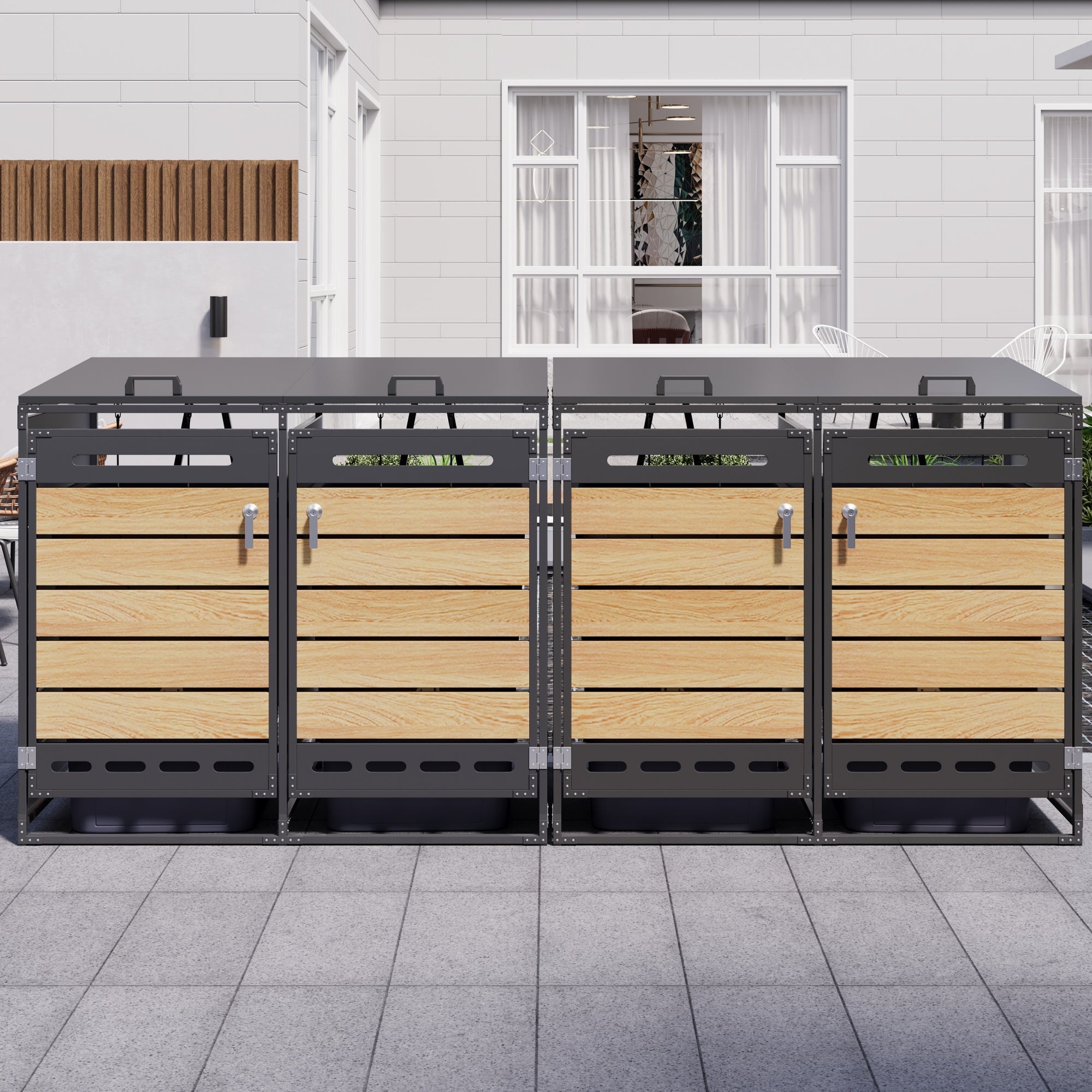 4-Bin Storage Unit with Hydraulic Lids and Slotted Ventilation, Iron and Wood-Look Cladding