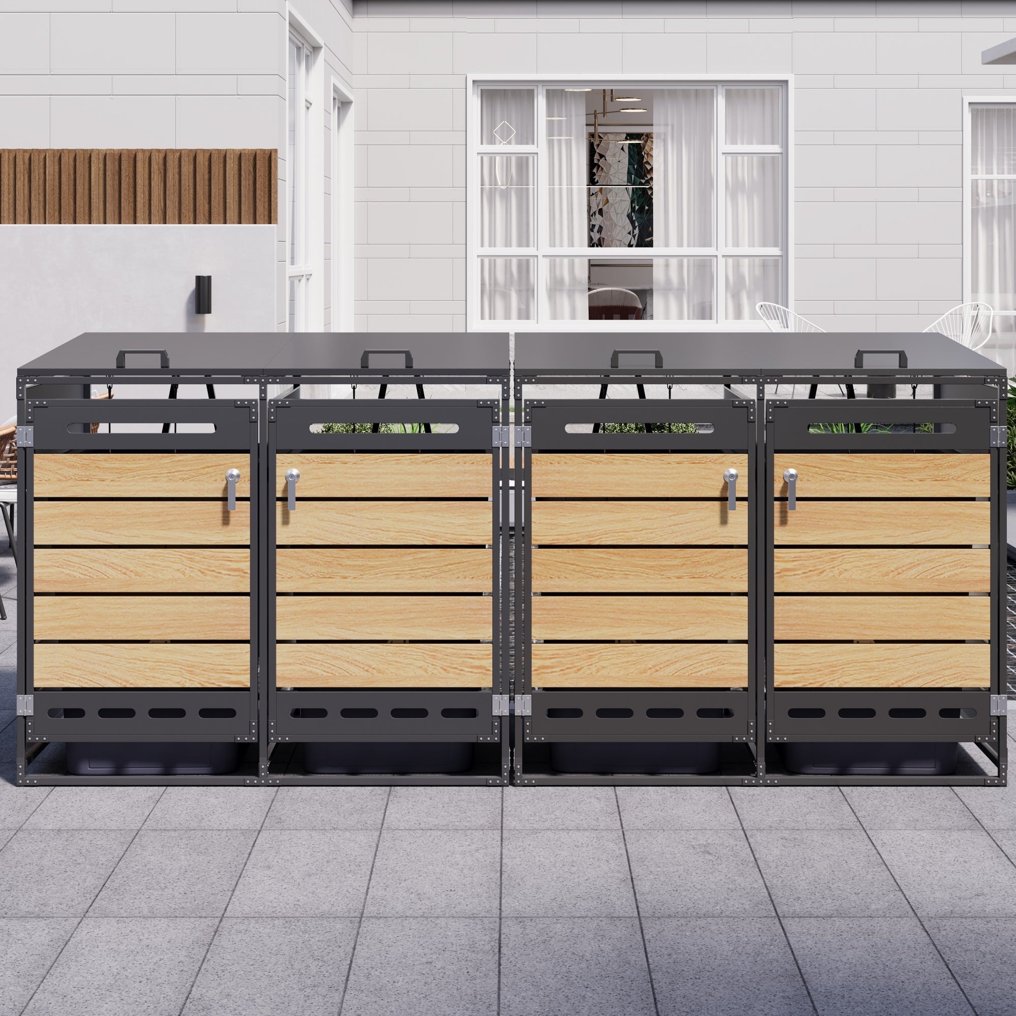 4-Bin Storage Unit with Hydraulic Lids and Slotted Ventilation, Iron and Wood-Look Cladding