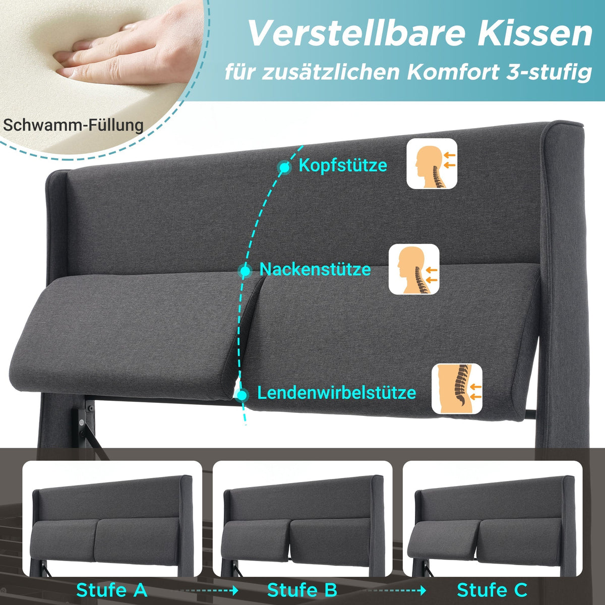 Upholstered Double Bed 140x200cm Hydraulic Storage Adjustable Headrests Metal Slatted Base - Grey Linen