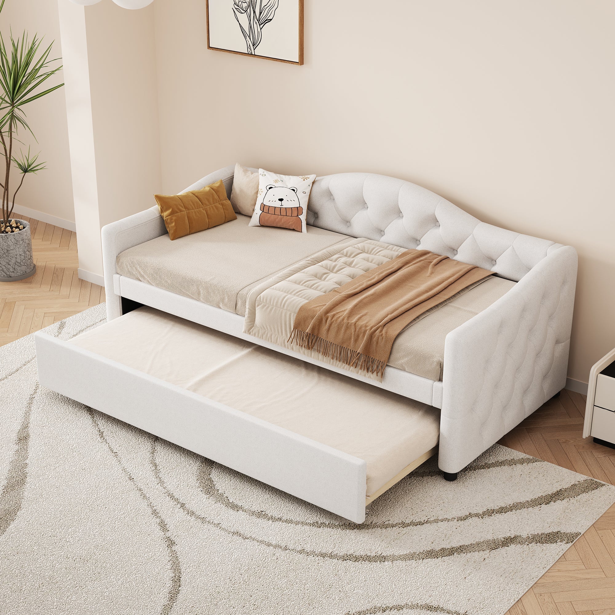 Daybed Sofa Bed 90x200cm Pull-out Bed Minimalist - Linen Beige