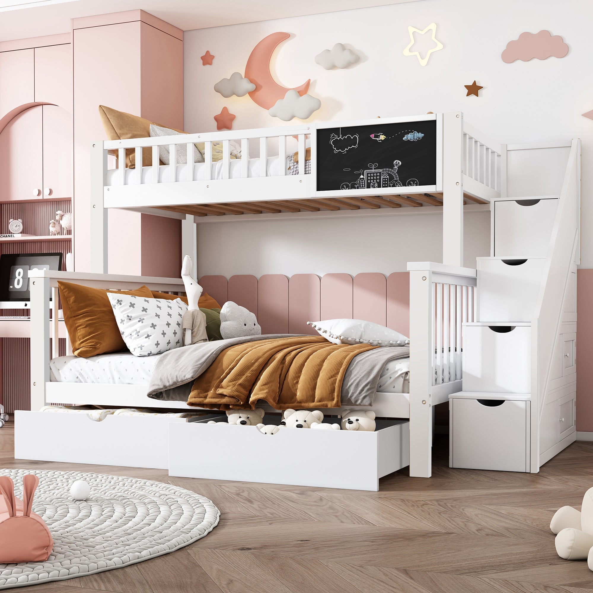 Multifunctional Bunk Bed with Chalkboard and Drawers, 90x200cm and 140x200cm, White