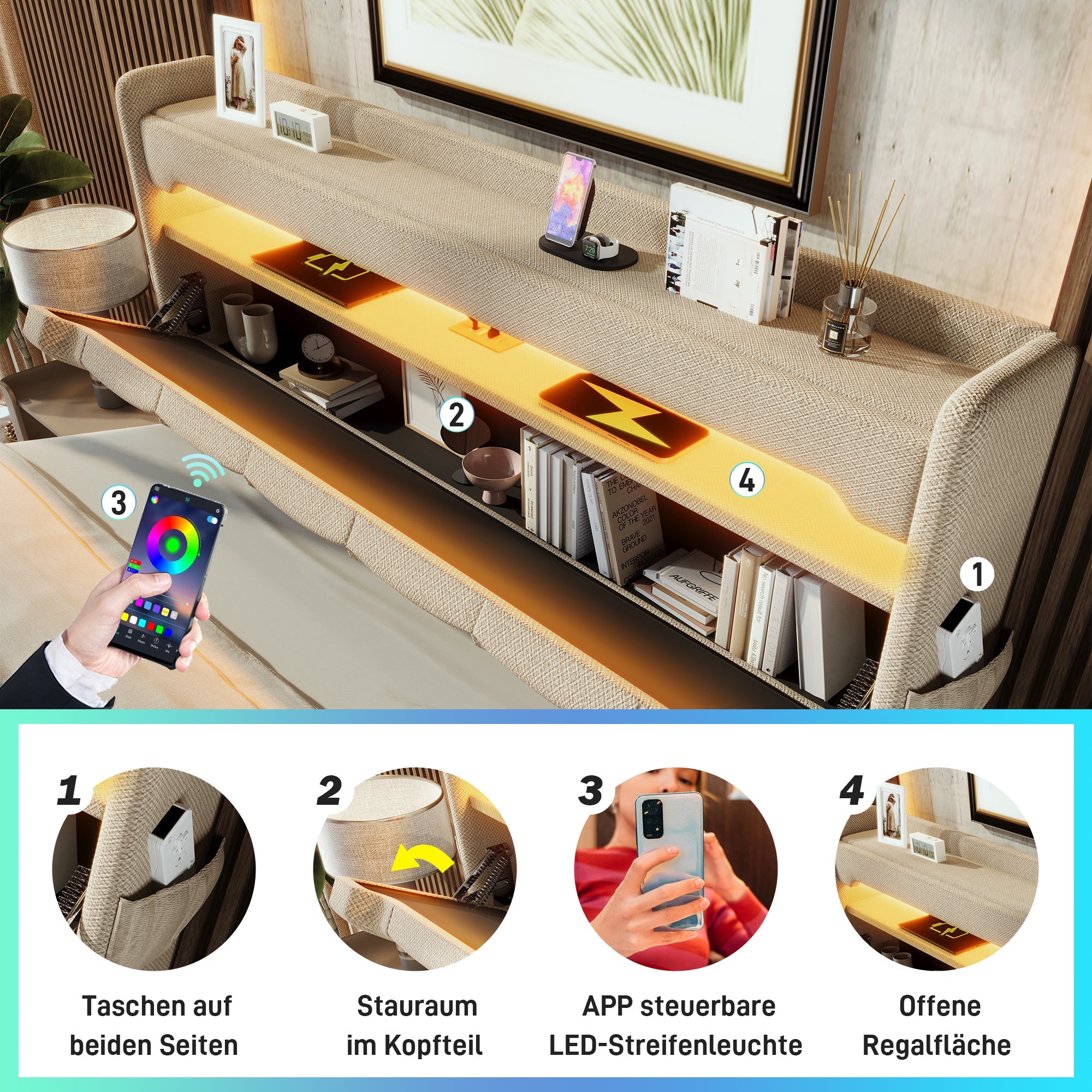 Upholstered Single Bed 90x200 Hydraulic Storage LED/USB Headboard, Beige Linen