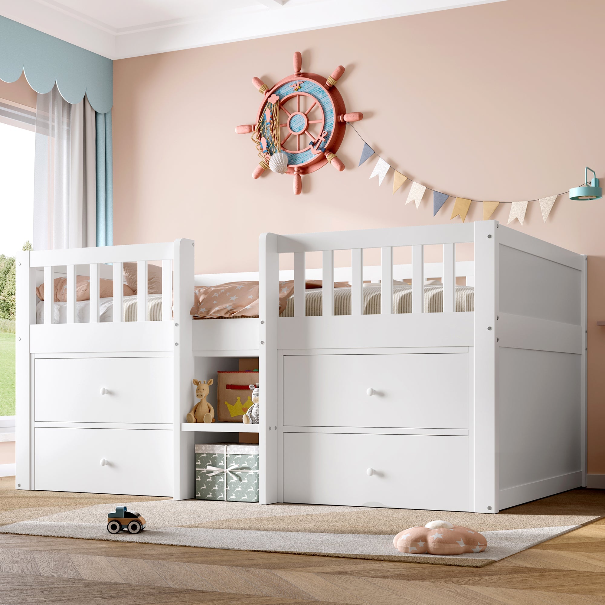 Low Loft Bed with Storage, 3ft Single Bed with Guardrail, Solid Wood, White