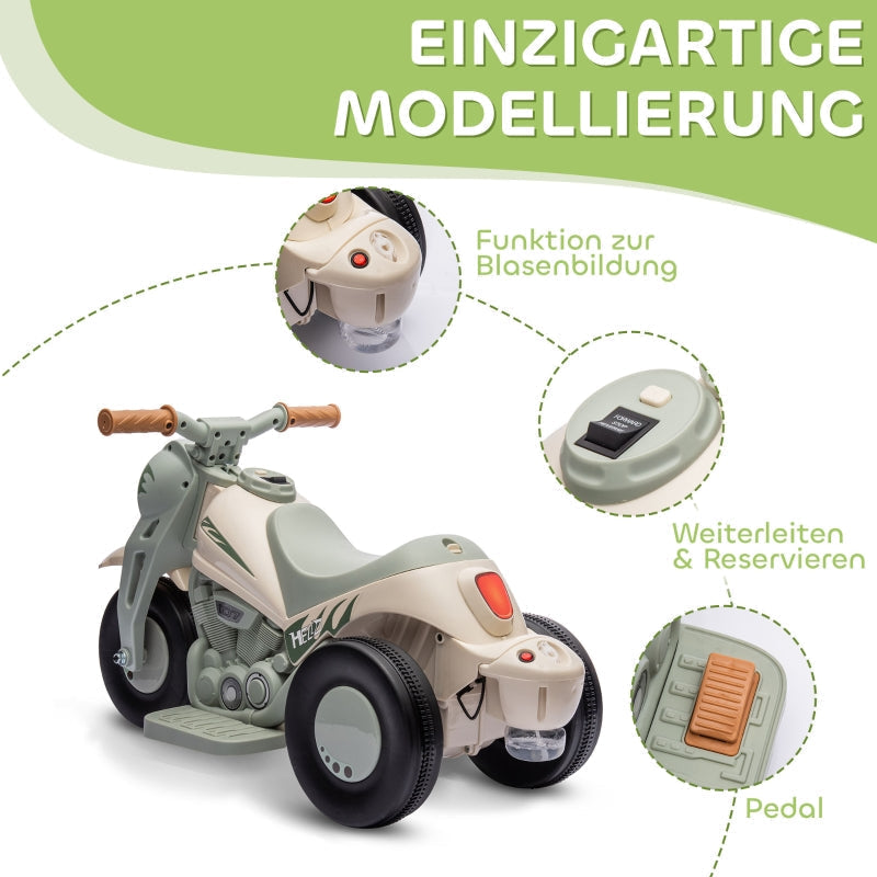 AIYAPLAY Children's Electric Motorcycle, 6V with Music, Bubbles, Headlight, Cream White