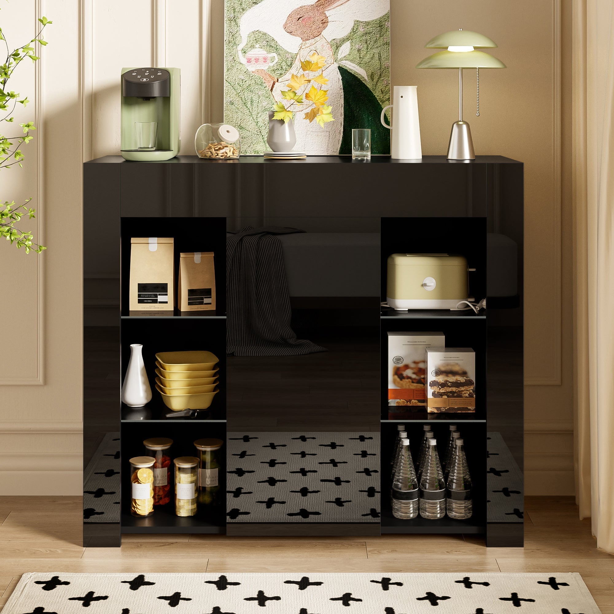 Buffet Cabinet, Compact Storage with Glass Shelves and Door, Black High-Gloss