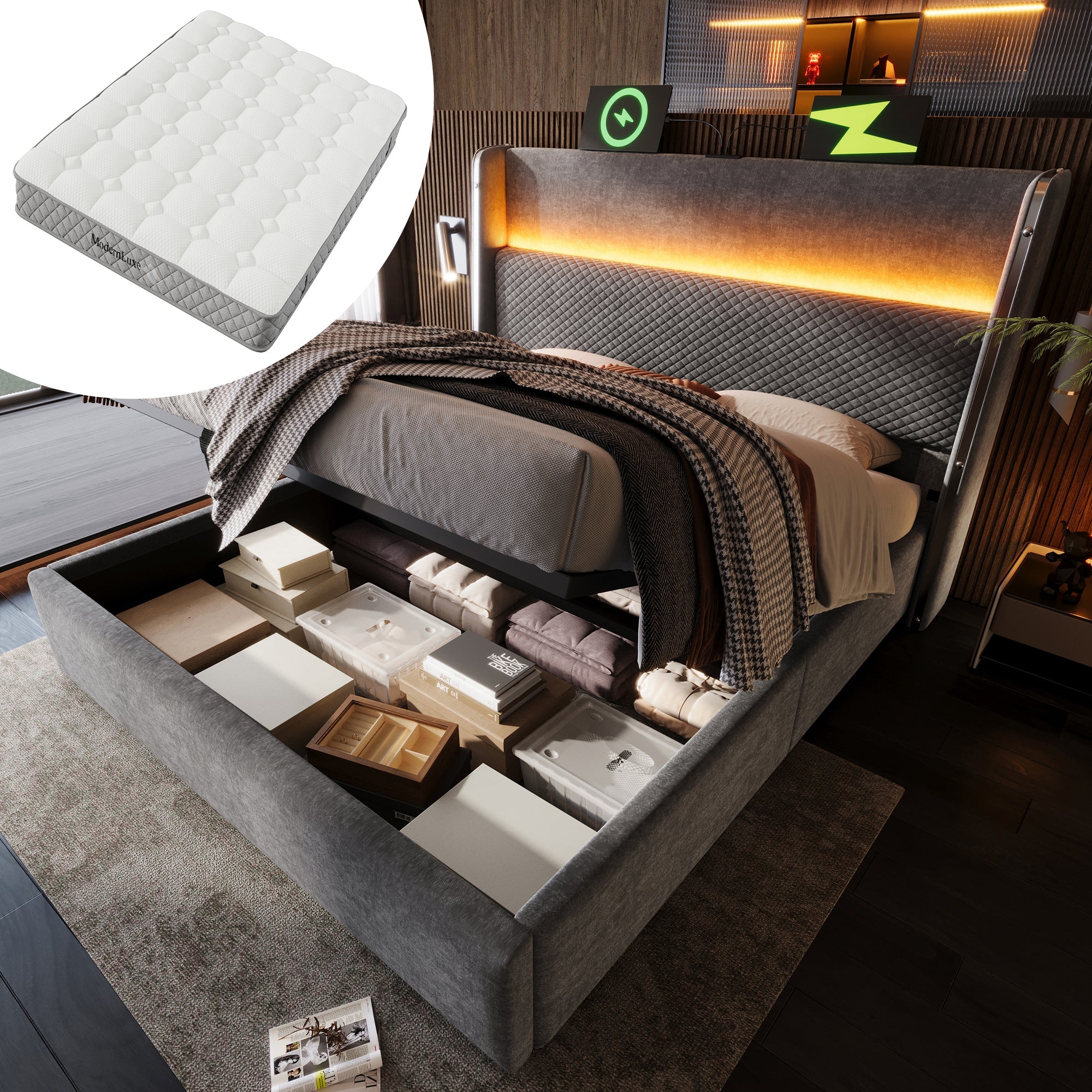 Modern Hydraulic Bed, 160x200cm LED Storage USB/Type-C, Linen Look Grey (with Mattress)
