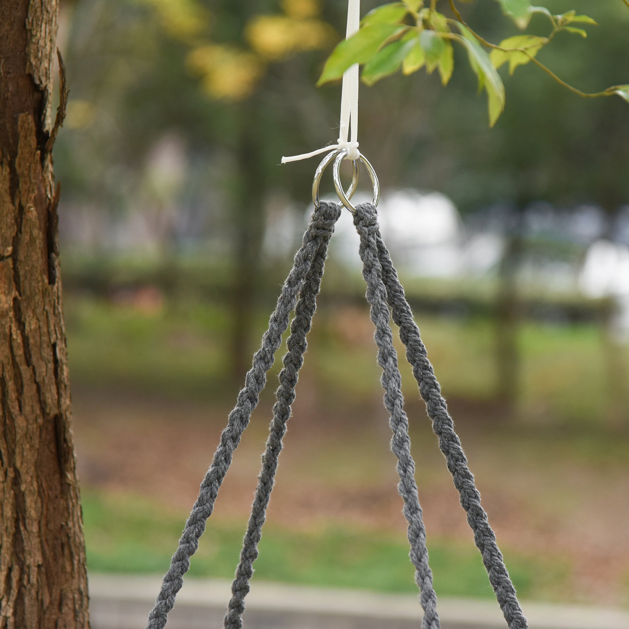 Macrame Hanging Rope Chair with Cushion and Fringe Tassels, Cotton-Polyester Blend, Grey