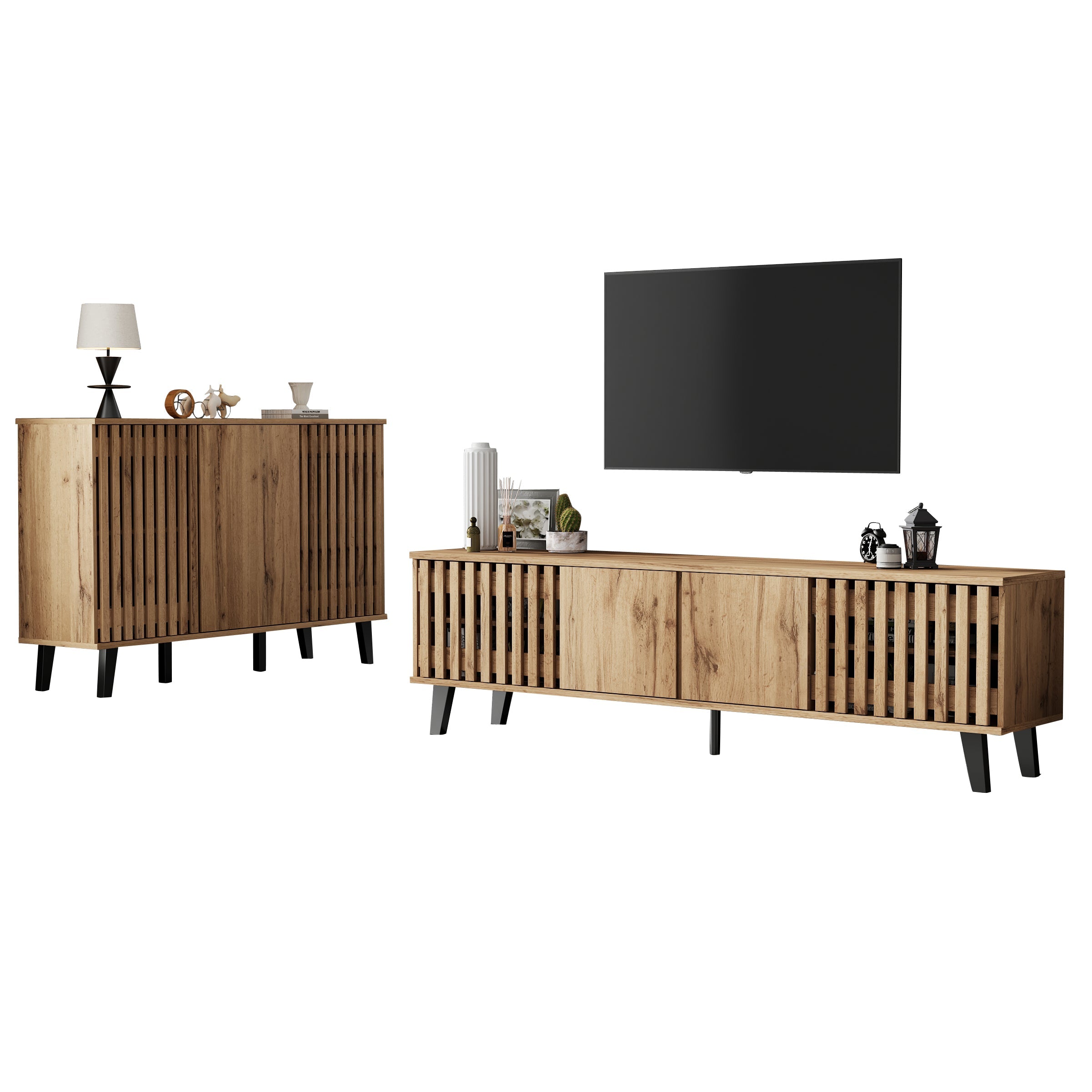 TV Cabinet and Sideboard Set, 180cm & 150cm, 8 Compartments 6 Shelves, Natural Wood